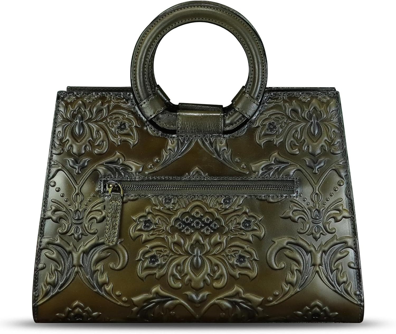 Women's Embossed Floral Leather Top Handle Satchel Olive Women's Embossed Floral Leather Top Handle Satchel Olive