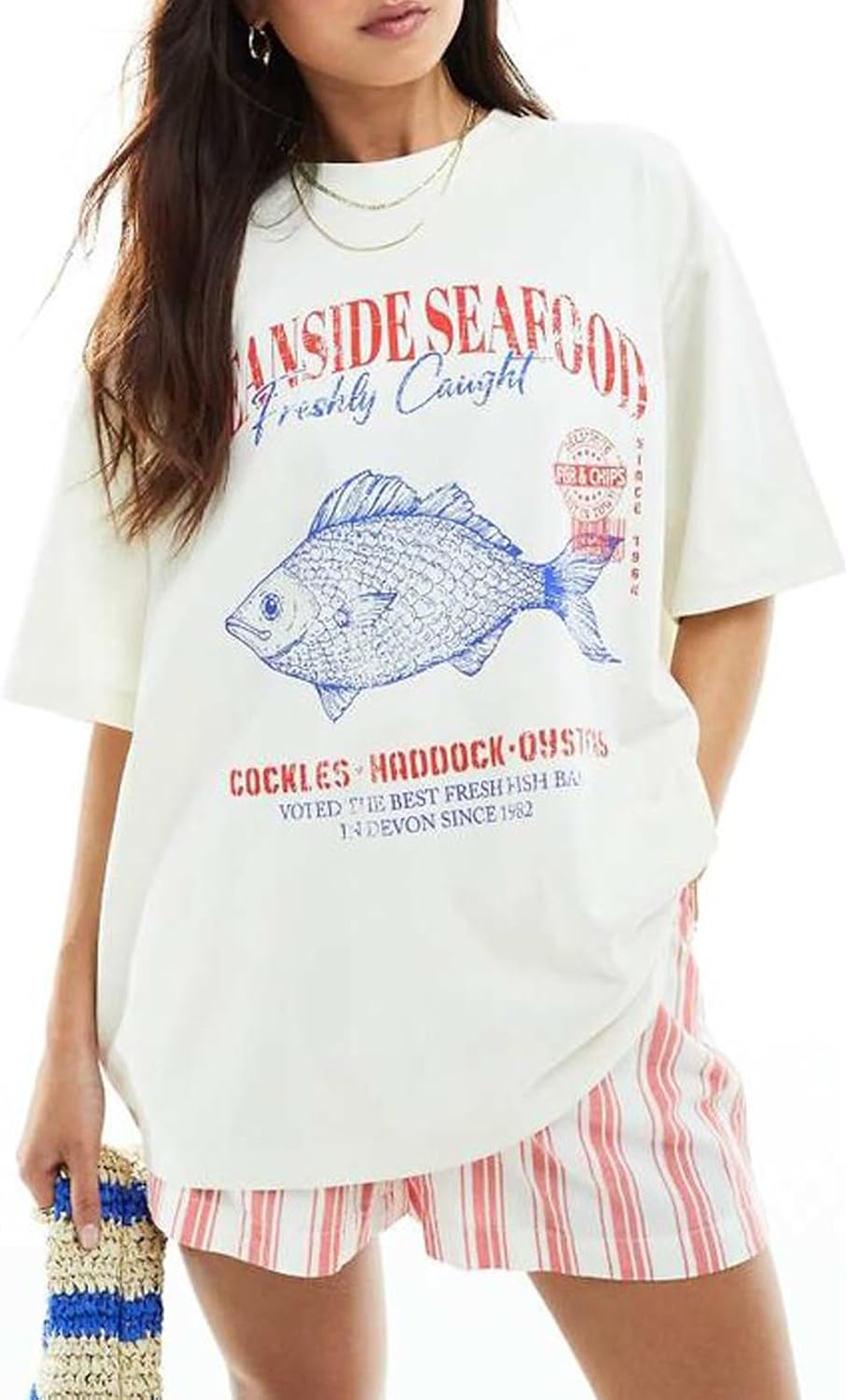 Women's Fish Graphic Oversized Tee Cream