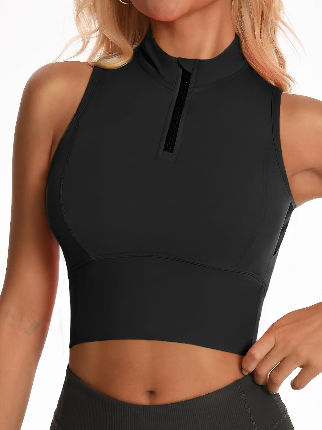 Women's Half Zip Crop Tank with High Neck Support