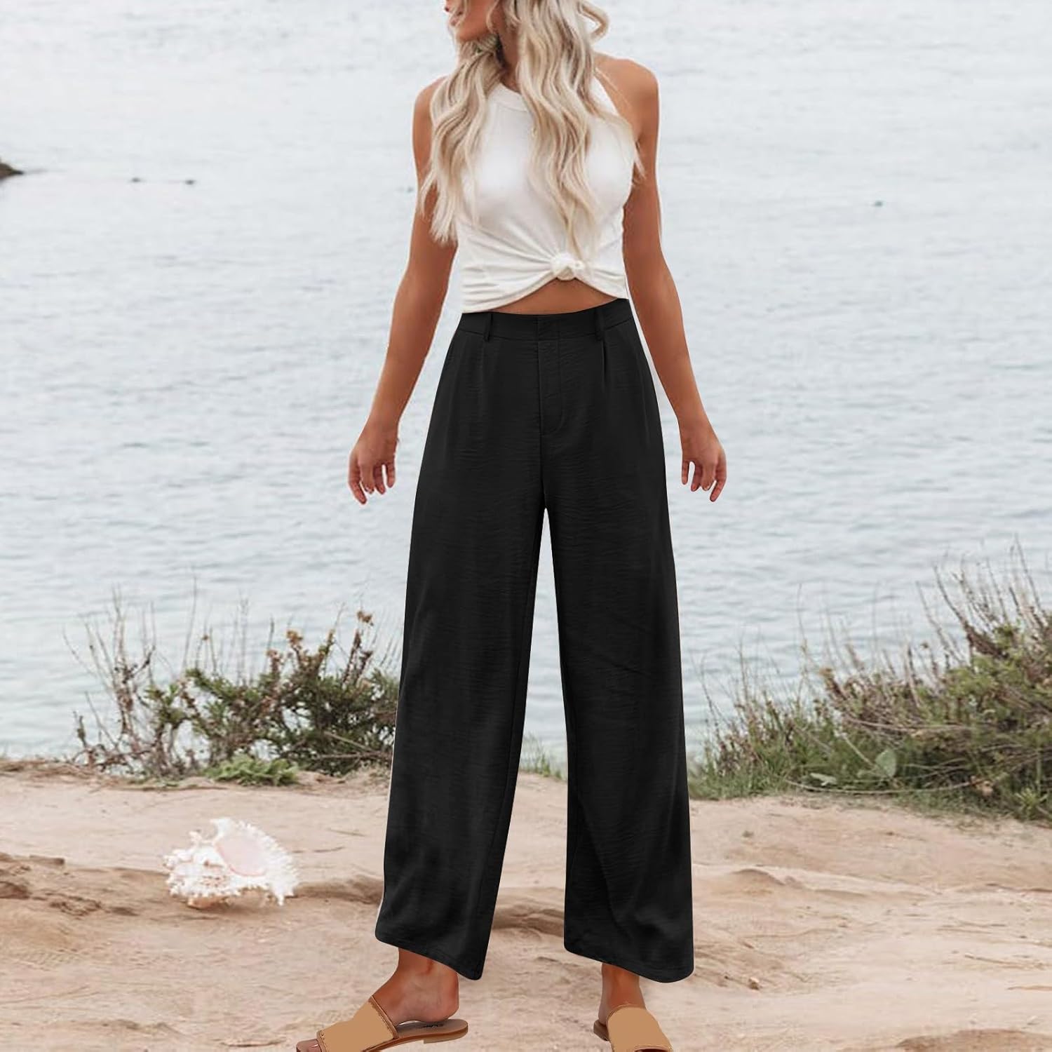 Womens Loose Wide Leg Pants High Waist Straight Pants Work Dress Pant Plain Trouser Pants with Pockets