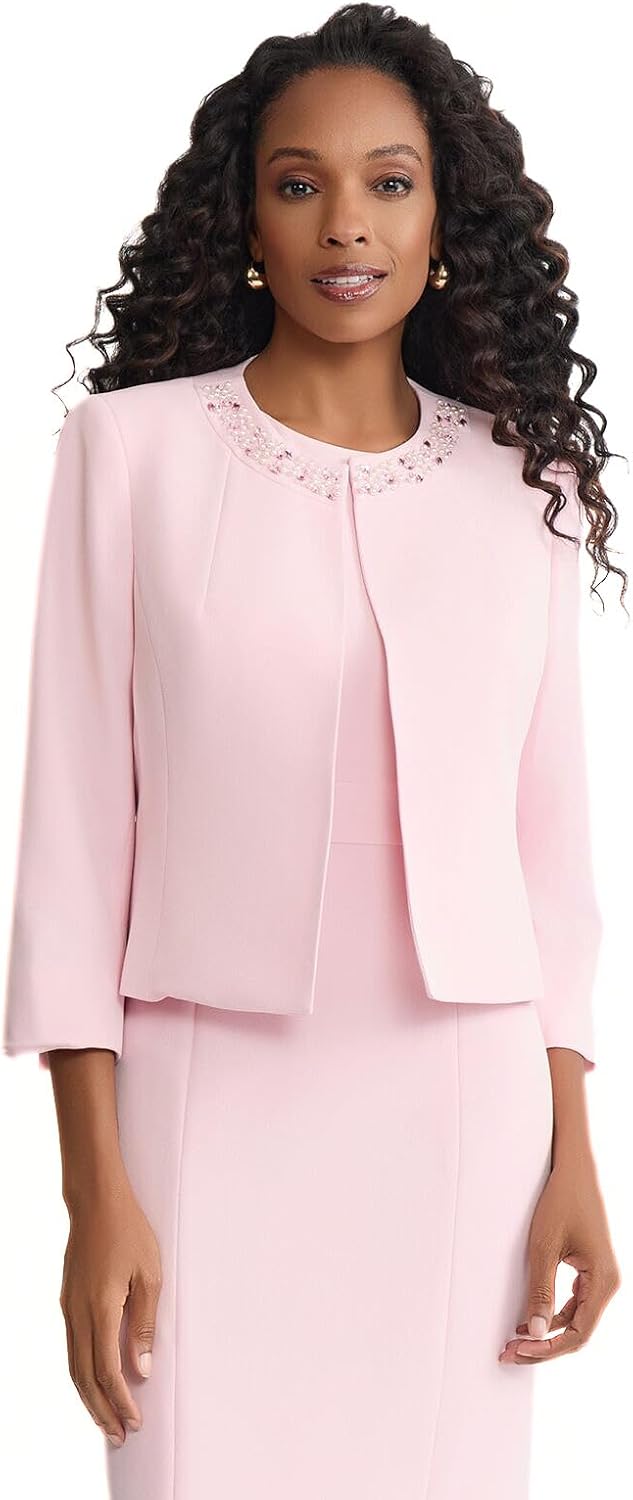 Women's Beaded Collar Open Front Jacket Pink