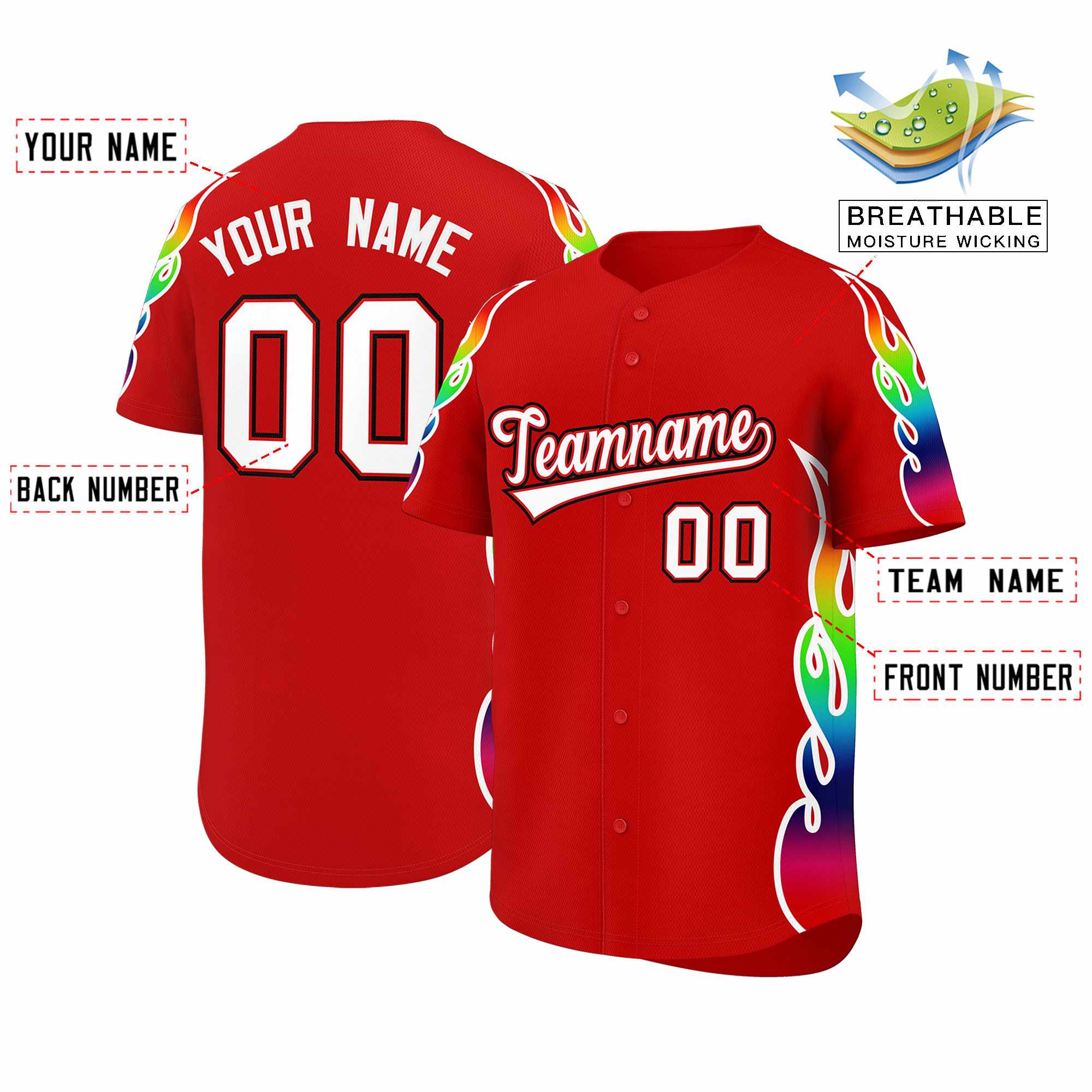 Benutzerdefiniertes Graffiti-Muster, personalisierter mehrfarbiger Flammendruck, authentisches Baseball-Trikot
