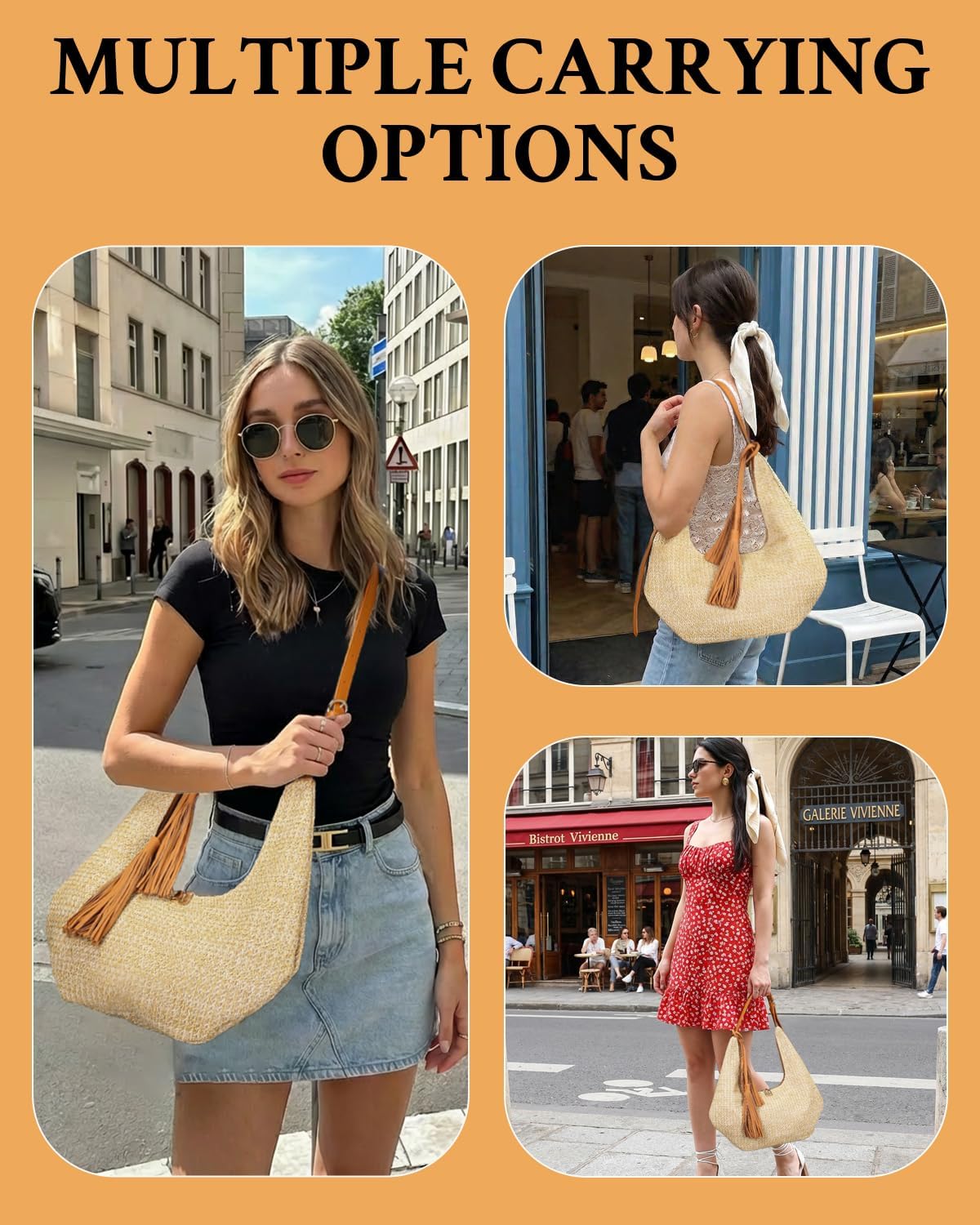 Women's Straw Woven Hobo Beach Bag with Tassel