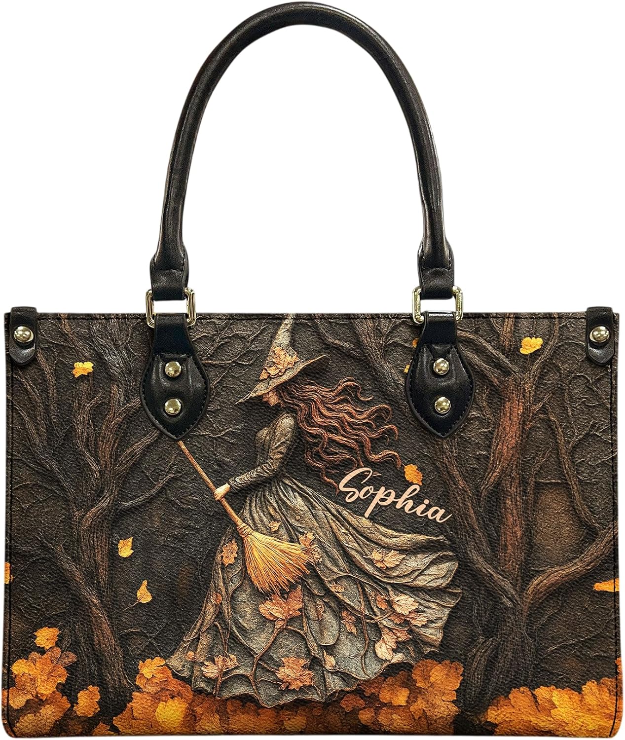 Spooky Witch Art Print - Personalized Leather Bag Custom Gothic Halloween Handbag Aesthetic Purse For Women Teen Girls Crossbody Tote Wiccan Pagan Magick Accessories