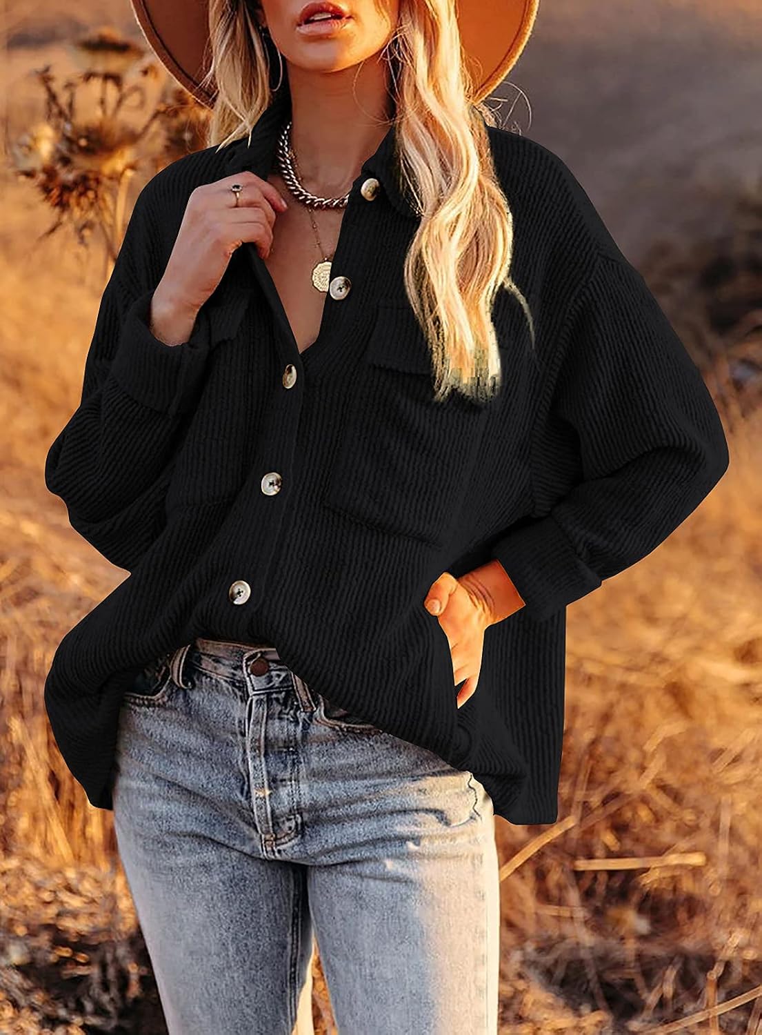 Women's Corduroy Long Sleeve Shirt Casual Collared Jacket Tops Cable Knit Sweater Button Down Cardigan
