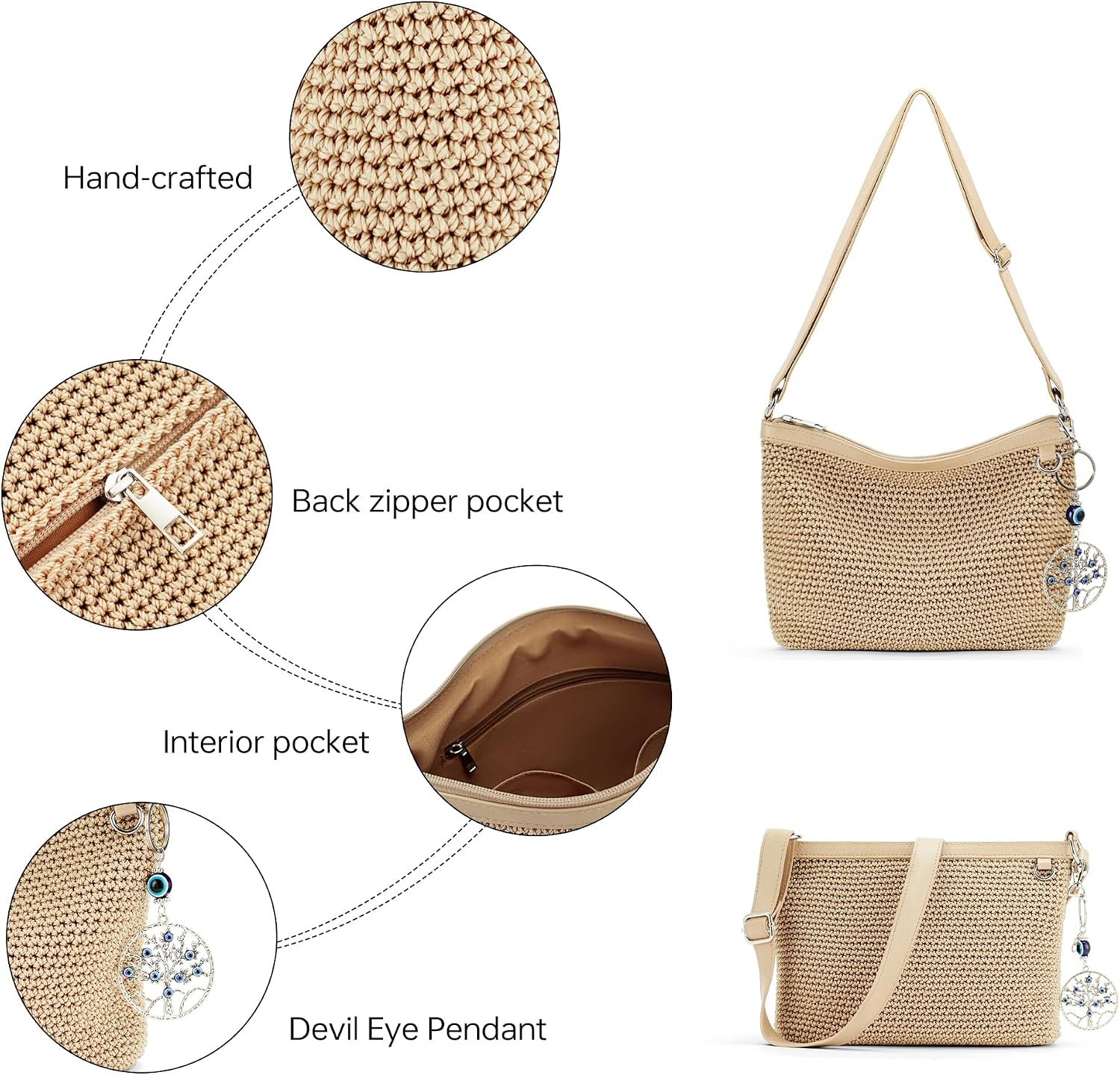 Women's Handwoven Straw Crossbody Bag with Evil Eye Charm Women's Handwoven Straw Crossbody Bag with Evil Eye Charm