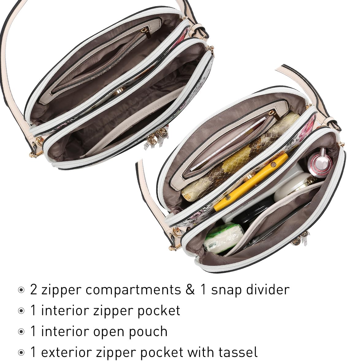 Women's Beige Floral-Print Dome Crossbody Bag Tassel