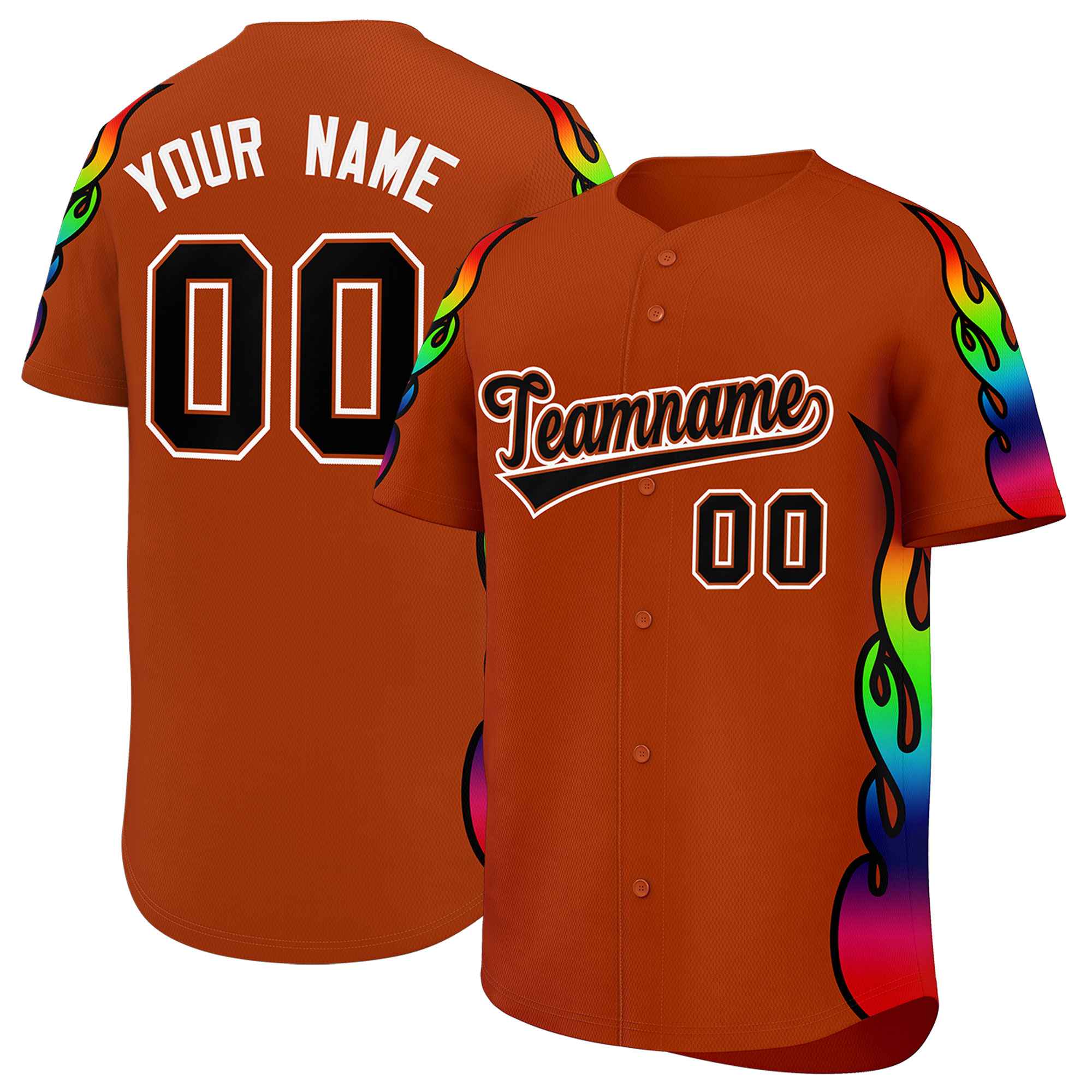 Benutzerdefiniertes Graffiti-Muster, personalisierter mehrfarbiger Flammendruck, authentisches Baseball-Trikot