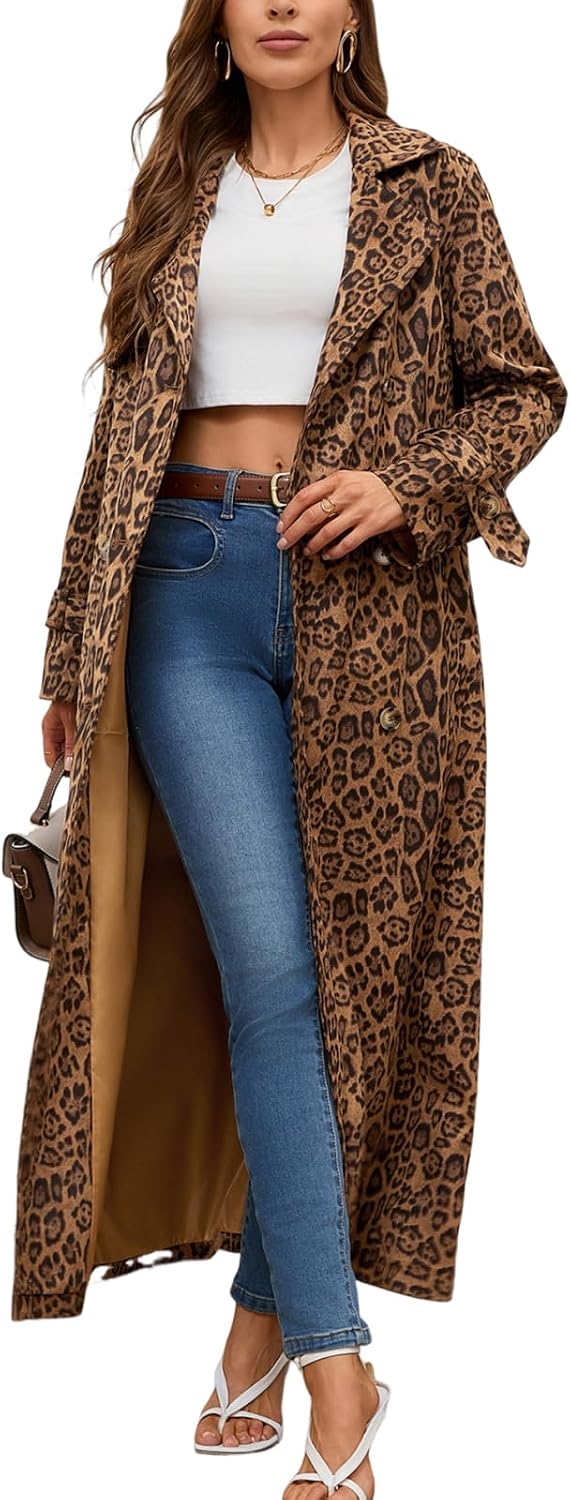 Womens Faux Suede Long Trench Coat Notched Lapel Double Breasted Pea Overcoat with Belt