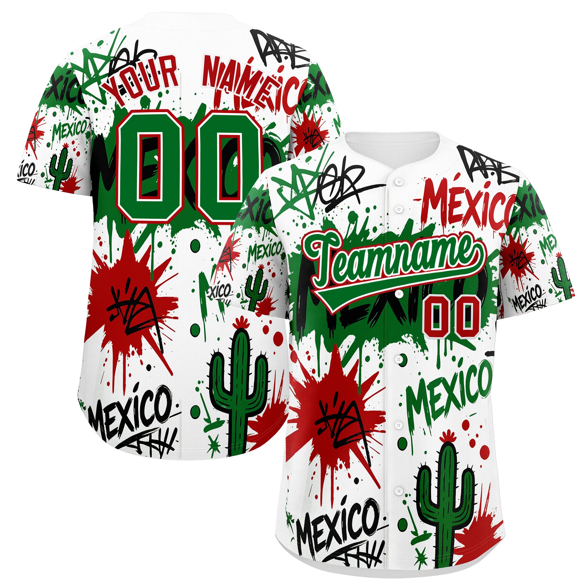 Benutzerdefiniertes Baseball-Trikot aus Stretchstoff mit Graffiti-Muster im mexikanischen Stil Benutzerdefiniertes Baseball-Trikot aus Stretchstoff mit Graffiti-Muster im mexikanischen Stil