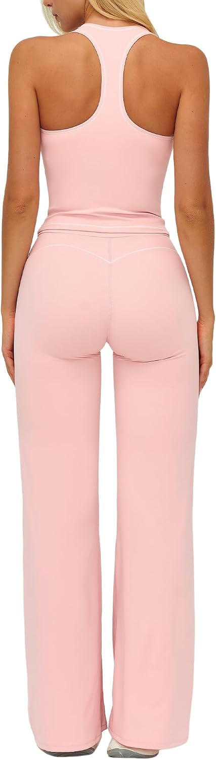 Women's Yoga Jogger Compression Contrast Tank Top Tummy Control Bell Bottom Flare Pants Leggings Running Outfits