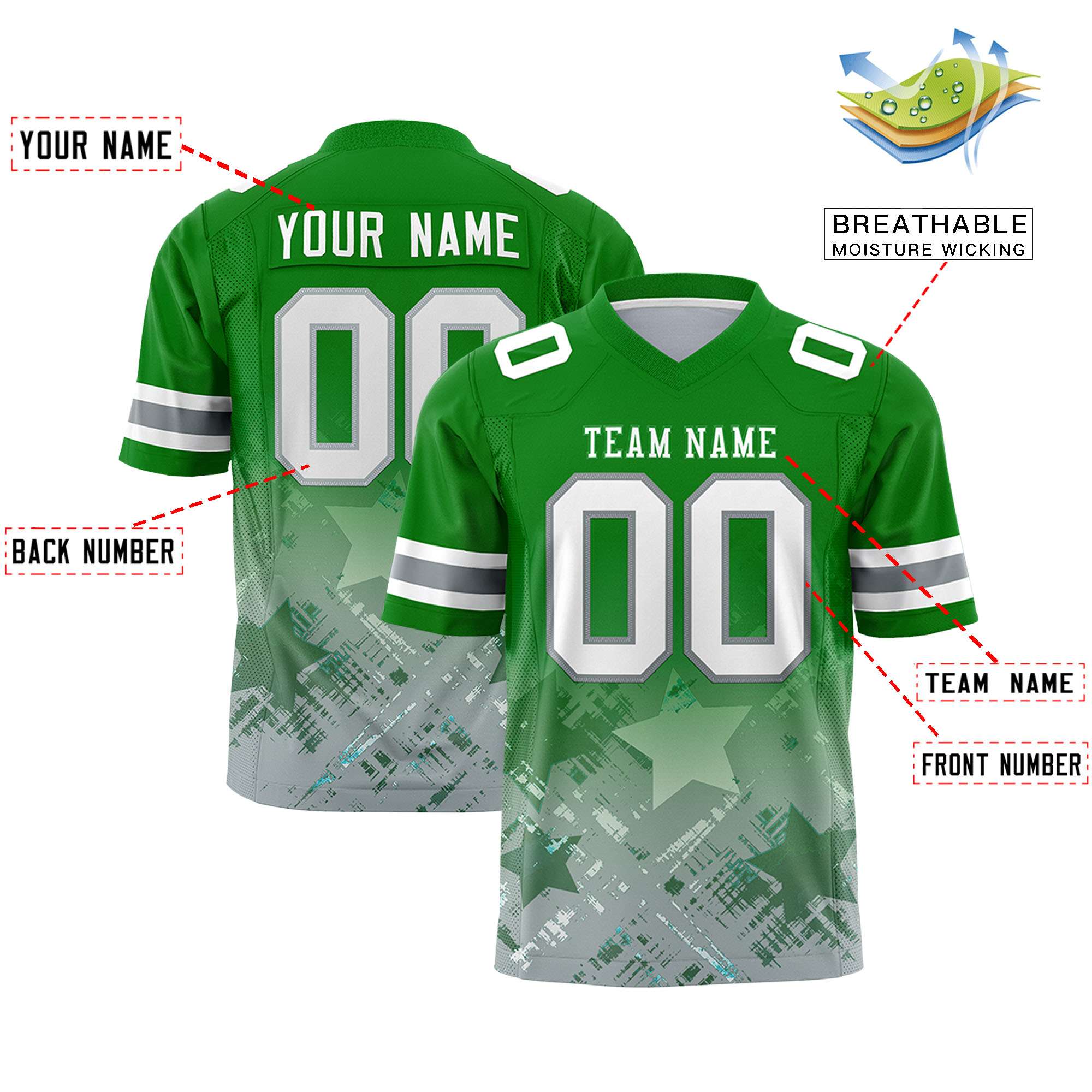 Benutzerdefiniertes Kelly Green Kelly Green personalisiertes Stern-Flaggen-Fußballtrikot