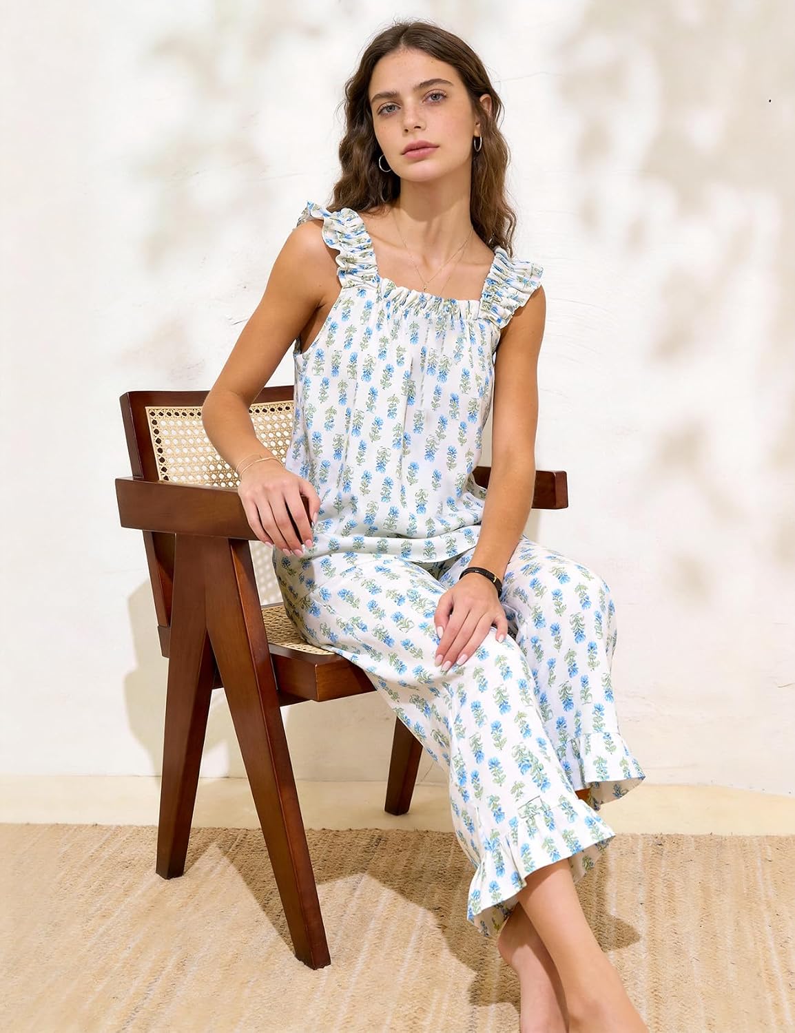Women's Floral Cotton Pajama Set Tank and Long Pants