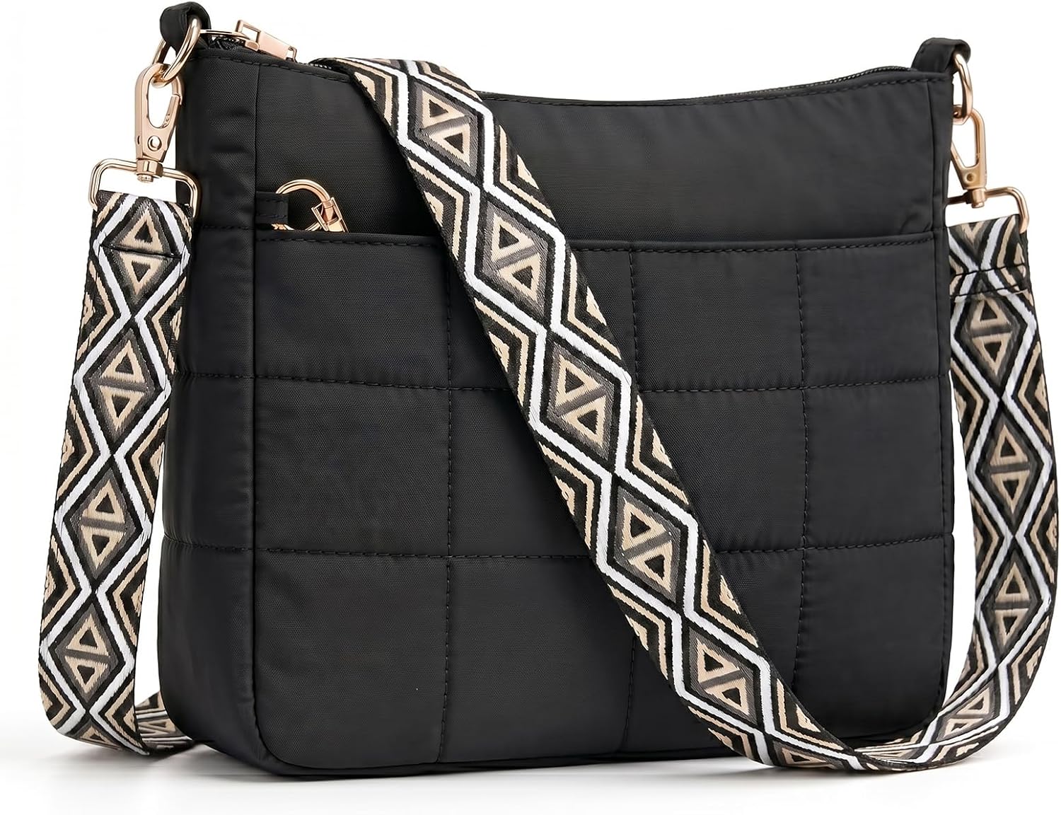 Women's Quilted Puffer Crossbody Bag Wide Guitar Strap Black