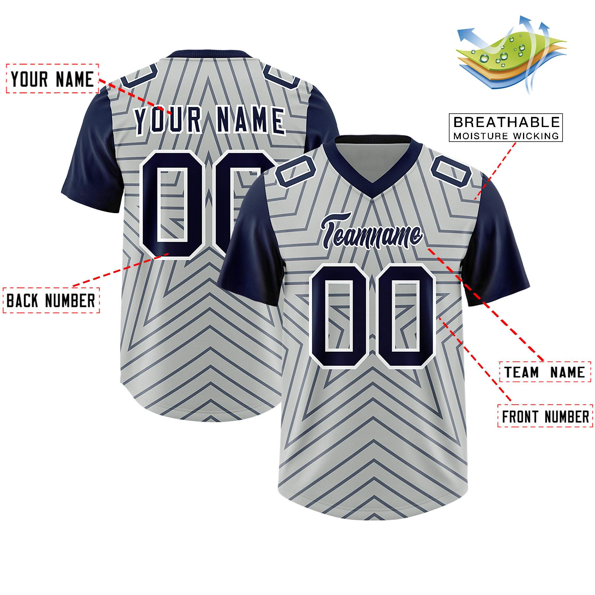 Individuell personalisiertes, authentisches Fußballtrikot mit Raglanärmeln und Sternenmuster