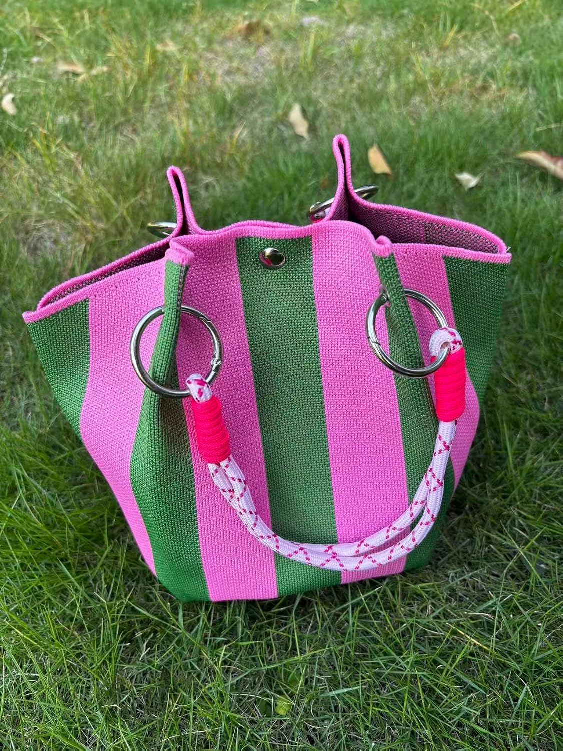 Women's Striped Canvas Bucket Tote Bag Pink Green Women's Striped Canvas Bucket Tote Bag Pink Green