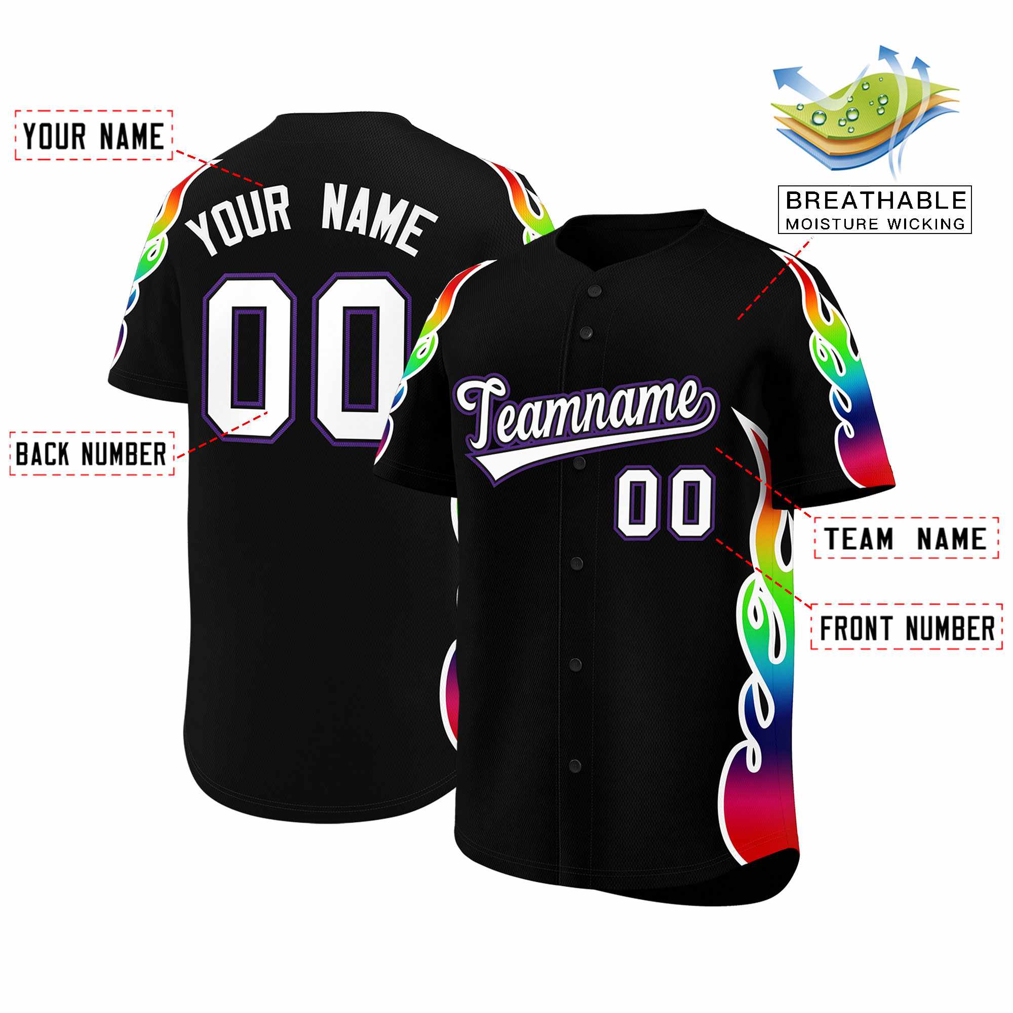 Benutzerdefiniertes Graffiti-Muster, personalisierter mehrfarbiger Flammendruck, authentisches Baseball-Trikot