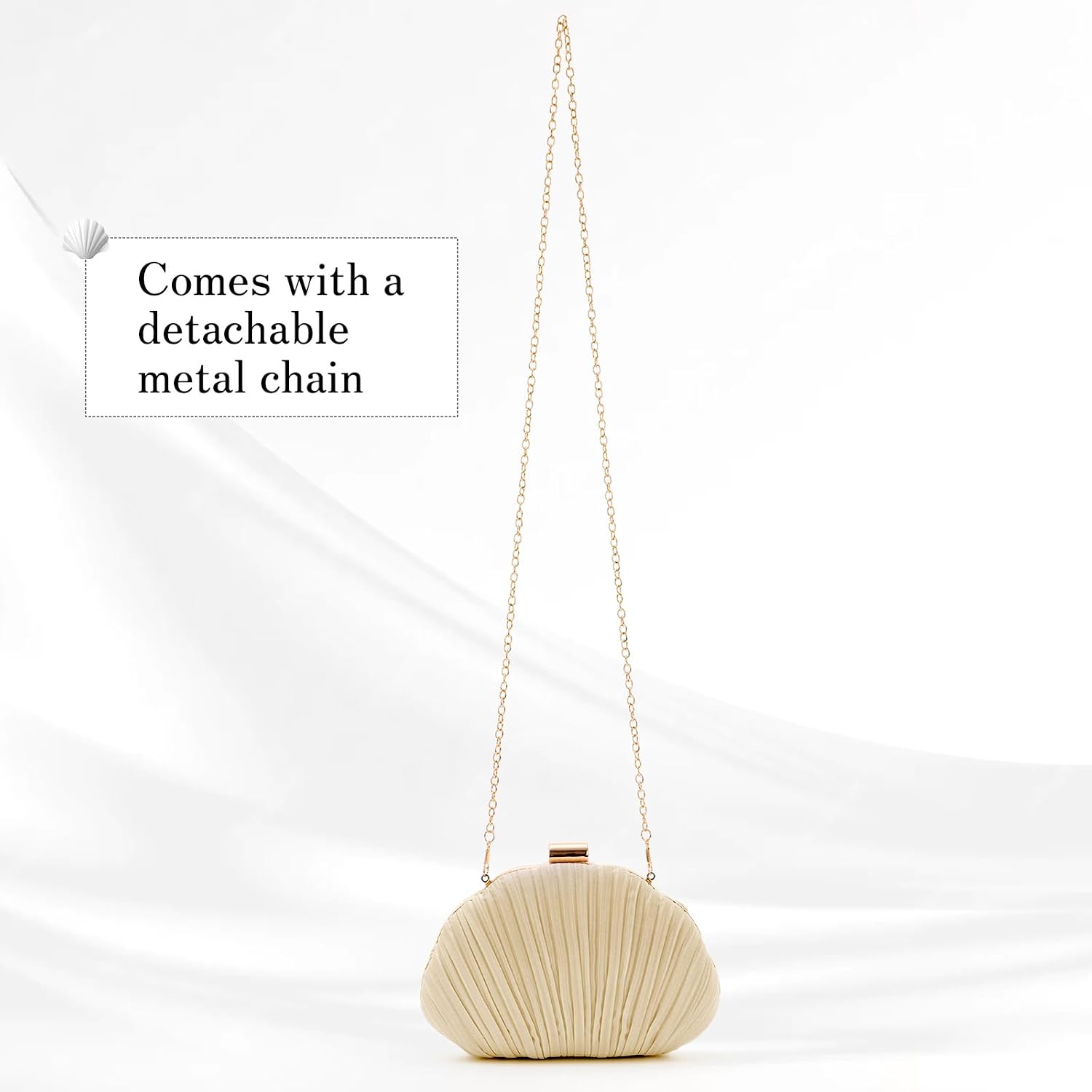 Women's Ivory Pleated Shell Clutch with Gold Chain