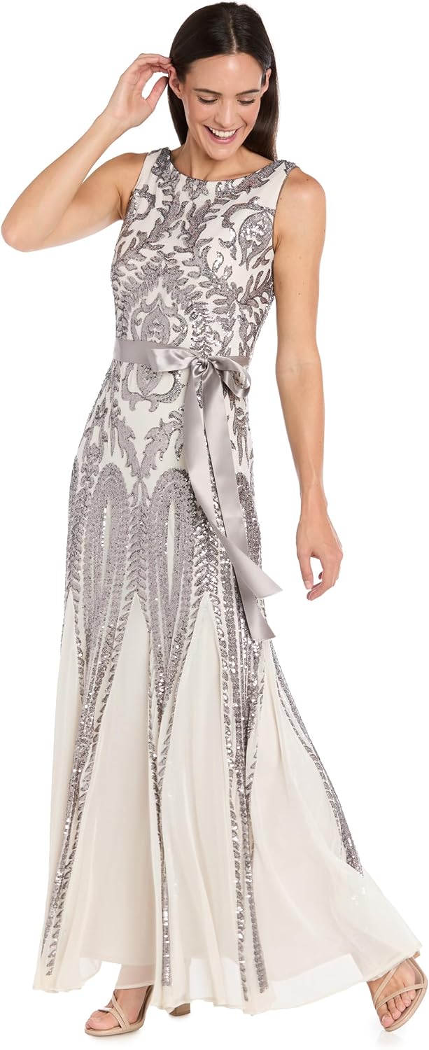 Women's Embellished Art Deco Gown - Elegant Dress W\ Godet Skirt Ribbon Sash for Evening Cocktail Party