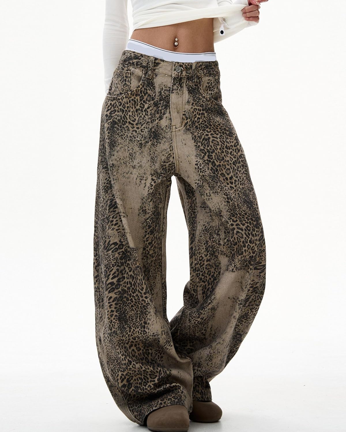 Women's Distressing Leopard Print Wide Leg Jeans High-Street Oversized Baggy Casual Pants