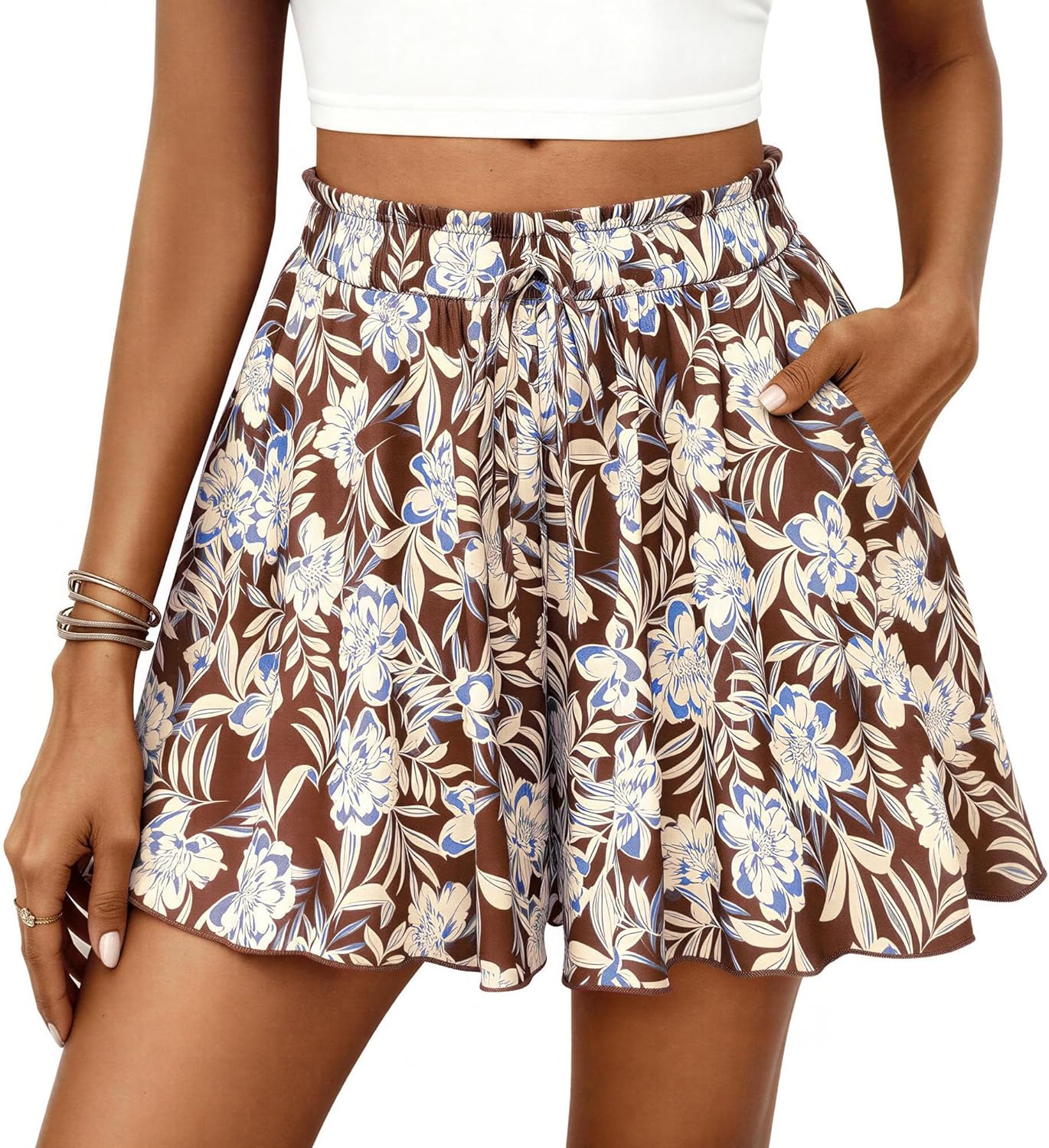 Women's Summer Wide Leg Flowy Shorts Elastic High Waisted Printed Pattern Ruffle with Pockets Casual Resort Wear Travel Outfits Beach Vacation Clothes