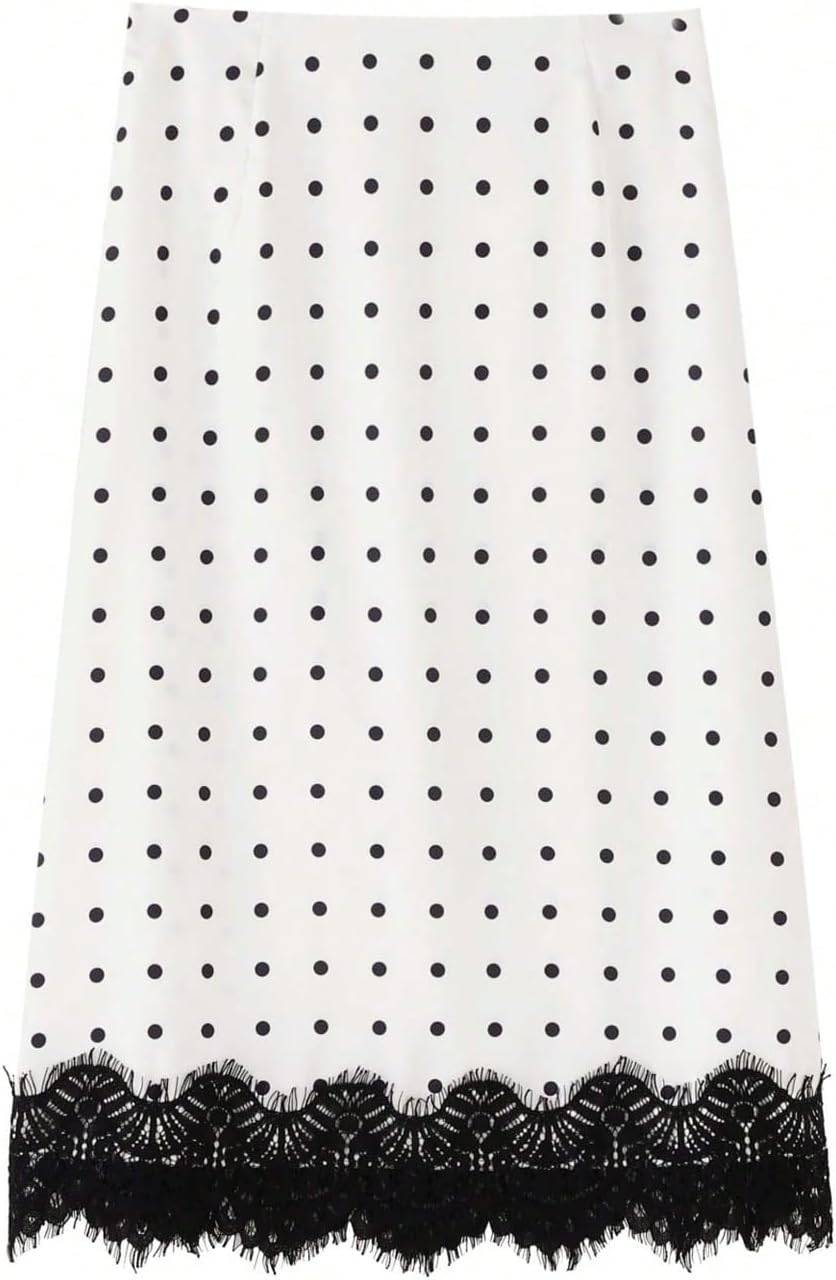 Women's Polka Dot Lace Hem Midi Skirt A-Line Women's Polka Dot Lace Hem Midi Skirt A-Line