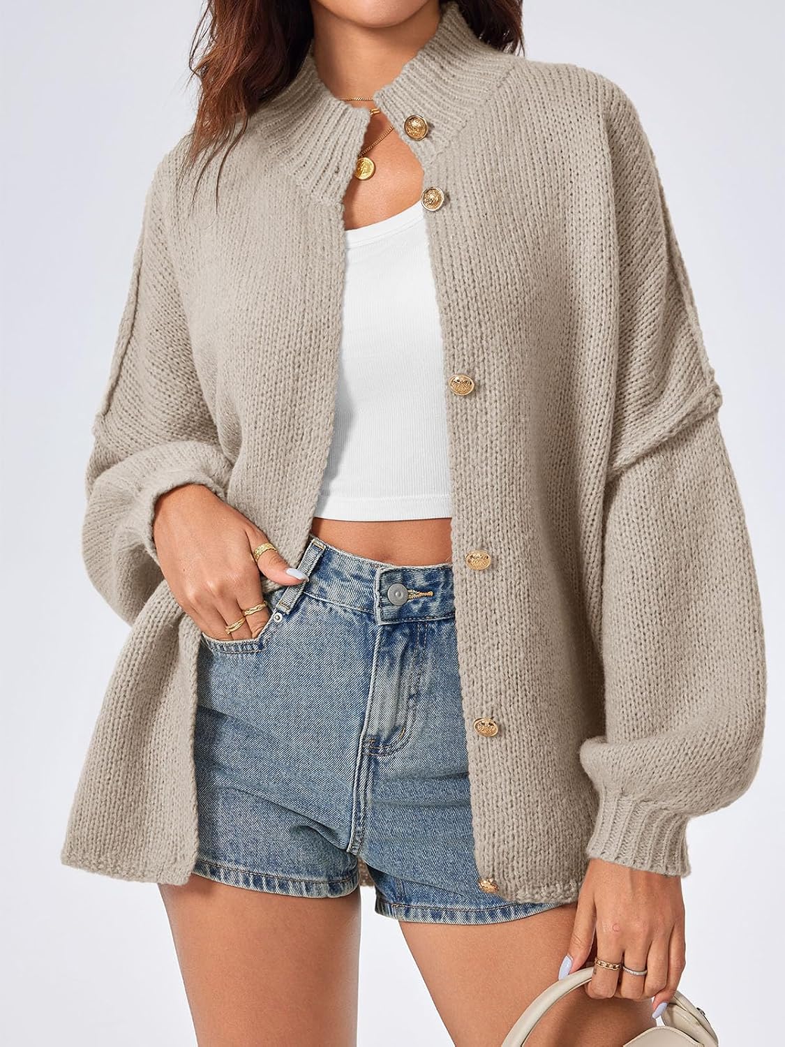 Womens Oversized Cardigans Long Lantern Sleeve Button Down Chunky Knit Loose Fall Sweater Coats