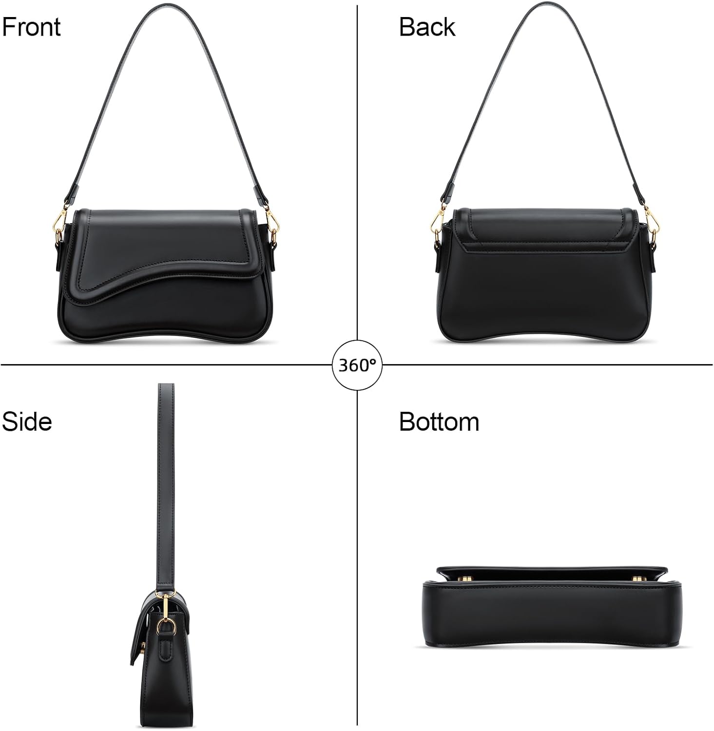 Women's Black PU Saddle Shoulder Bag Gold Buckle