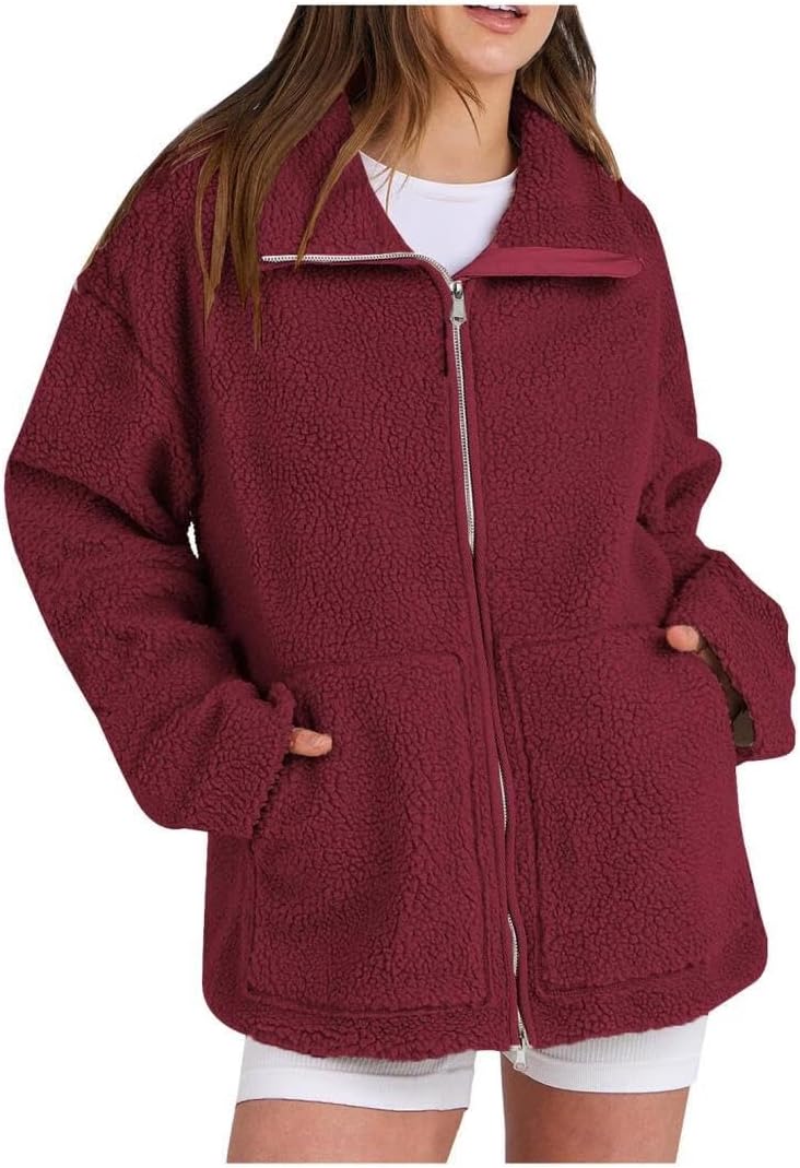 Womens Sherpa Jacket Fuzzy Zip Up Oversized Fleece Jackets Fluffy Coat with Pockets