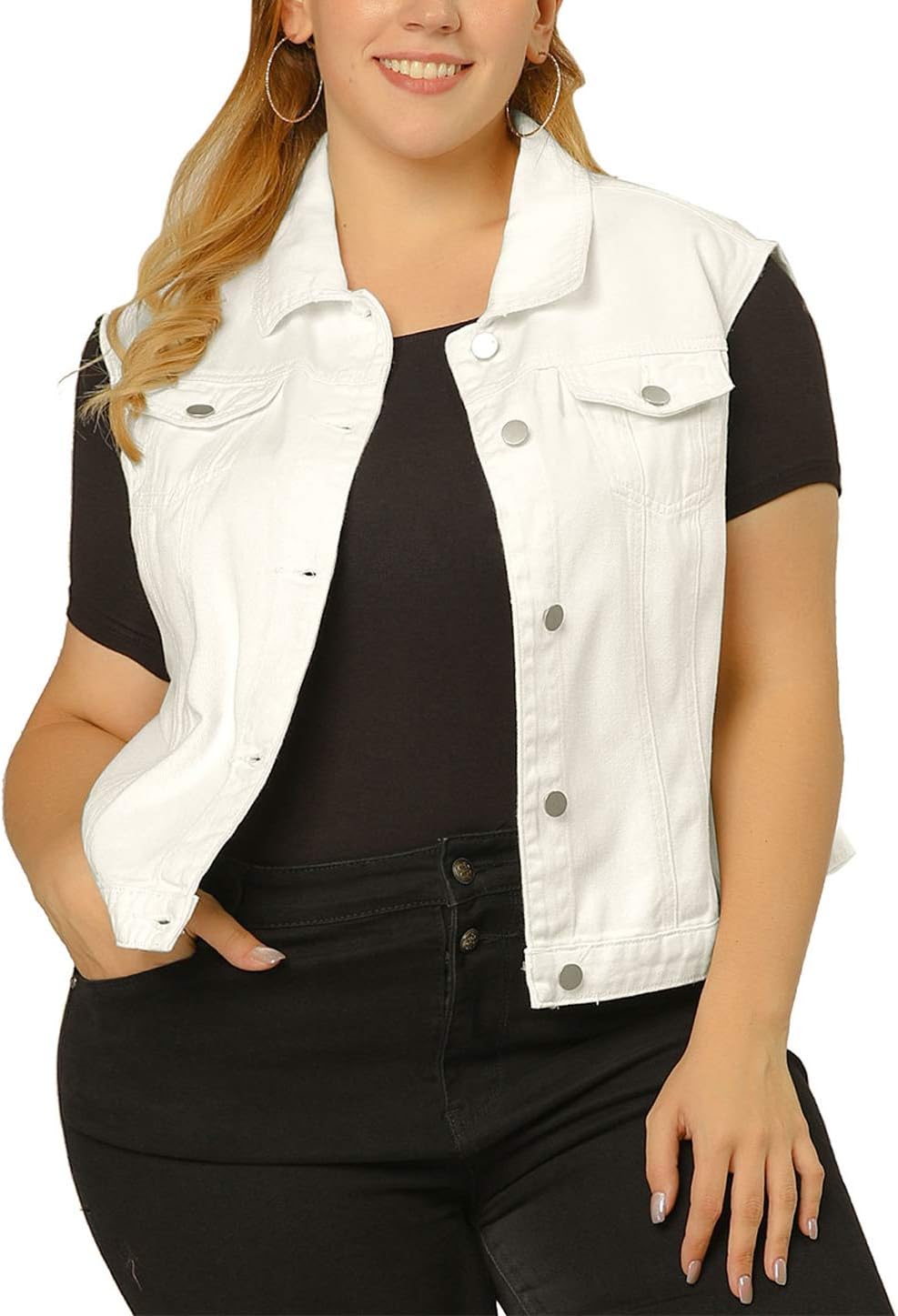 Women's White Denim Vest Button Down Chest Flap Pockets
