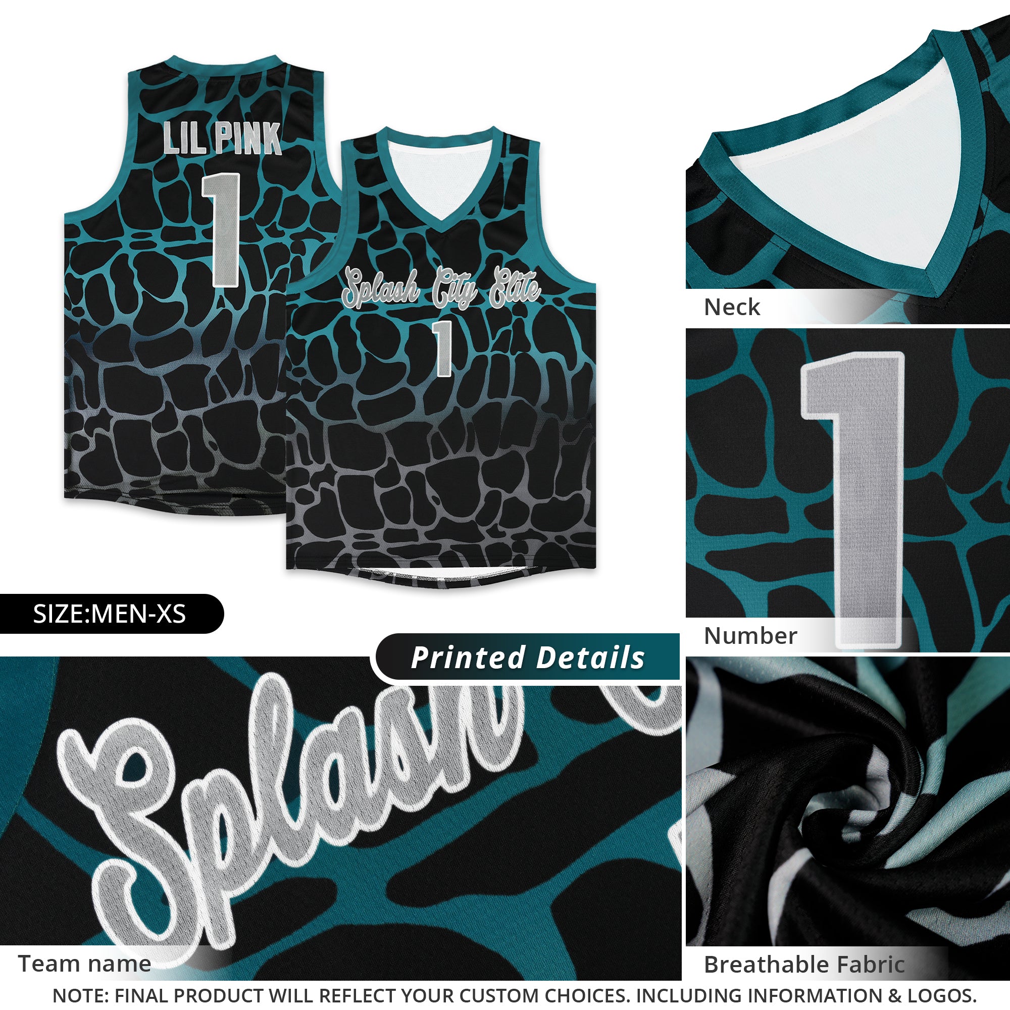 Maßgeschneidertes schwarzes Mitternachtsgrün-Grau gepunktetes Graffiti-Muster-Sportuniform-Basketballtrikot