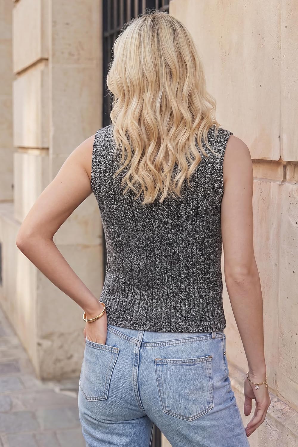 Women's Gray V Neck Button Front Sweater Vest