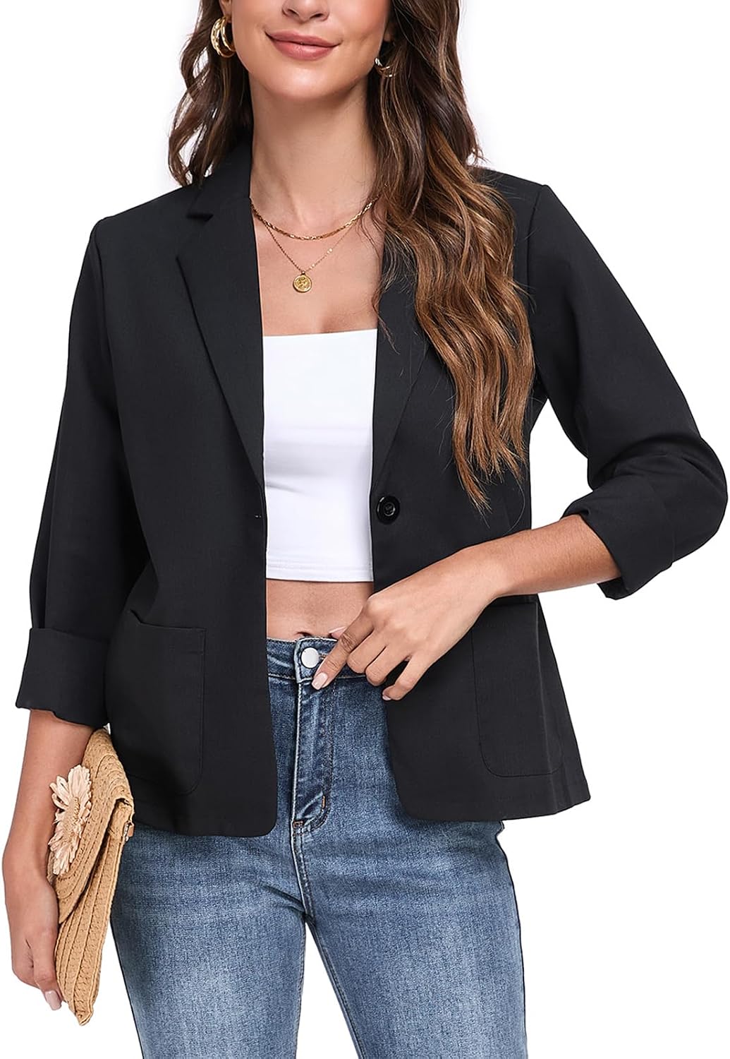 Womens Linen Blazer Long Sleeve Lightweight Work Office Jackets Summer Lapel Button Blazers with Pockets