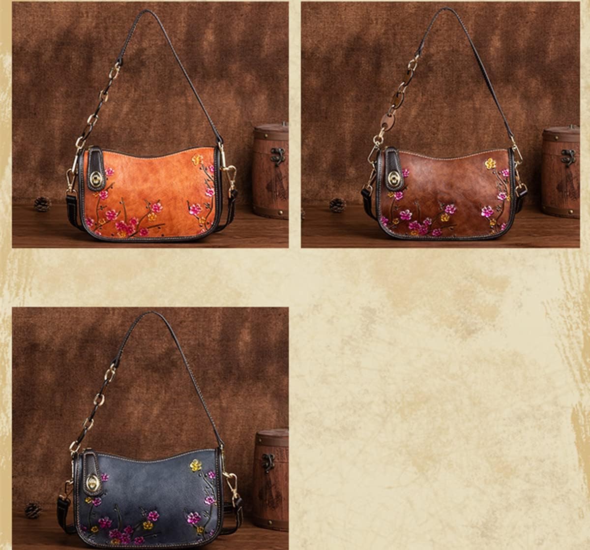 Women's Embroidered Floral Genuine Leather Shoulder Bag Brown Women's Embroidered Floral Genuine Leather Shoulder Bag Brown