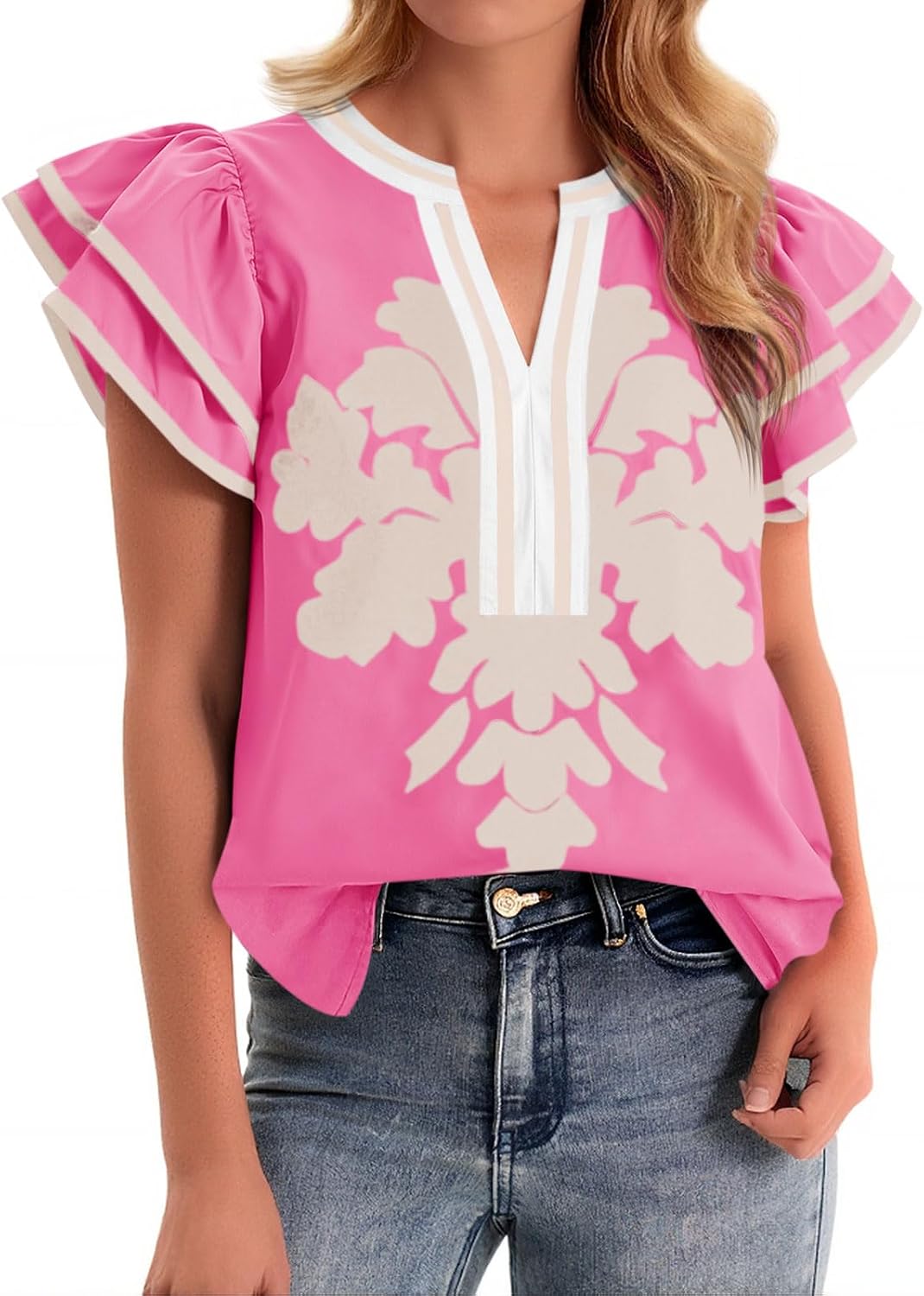 Women's Floral Print Blouse Flutter Sleeve V Neck Pink