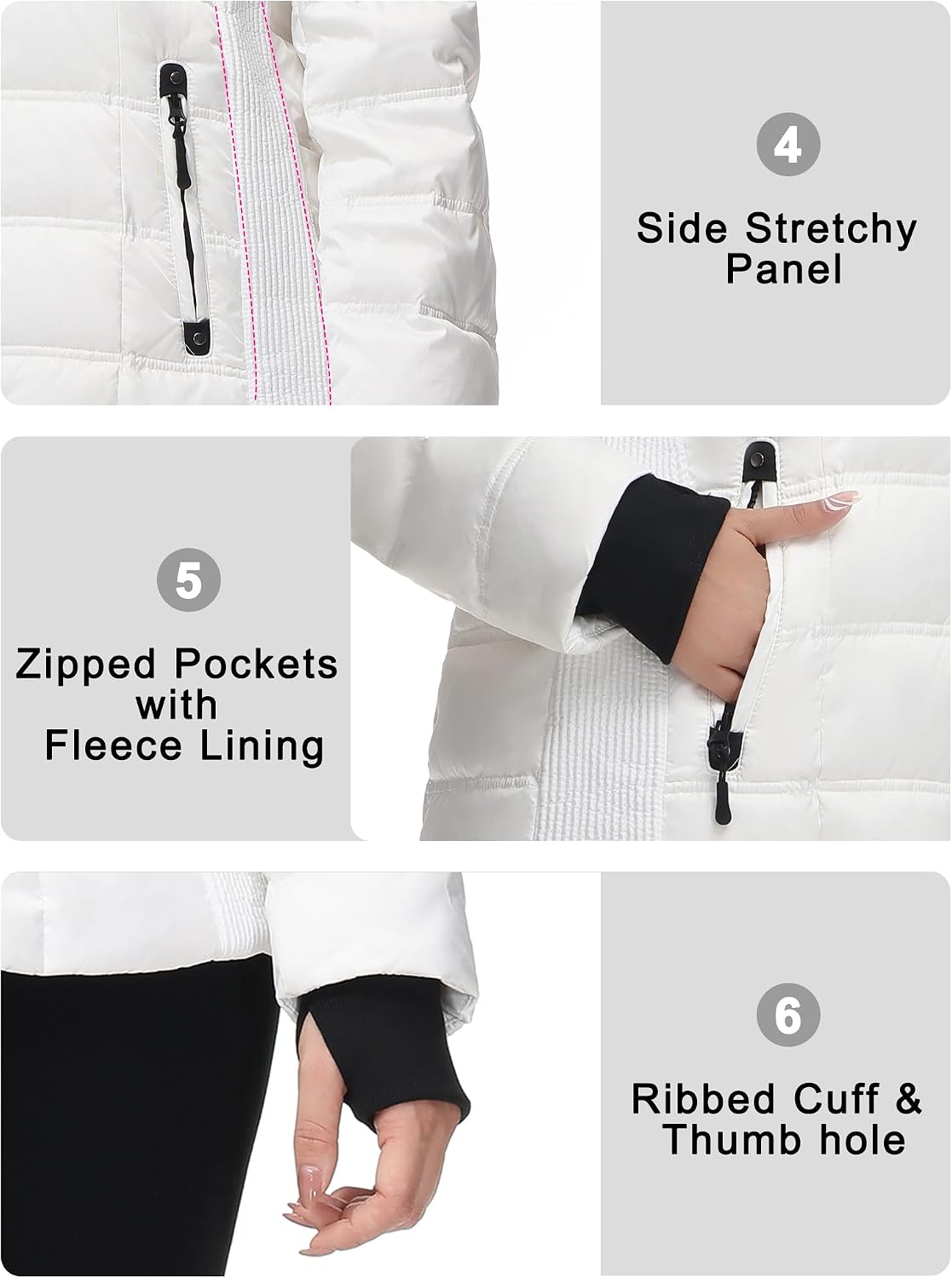 Women's White Short Puffer Jacket Fleece-Lined Hood Women's White Short Puffer Jacket Fleece-Lined Hood