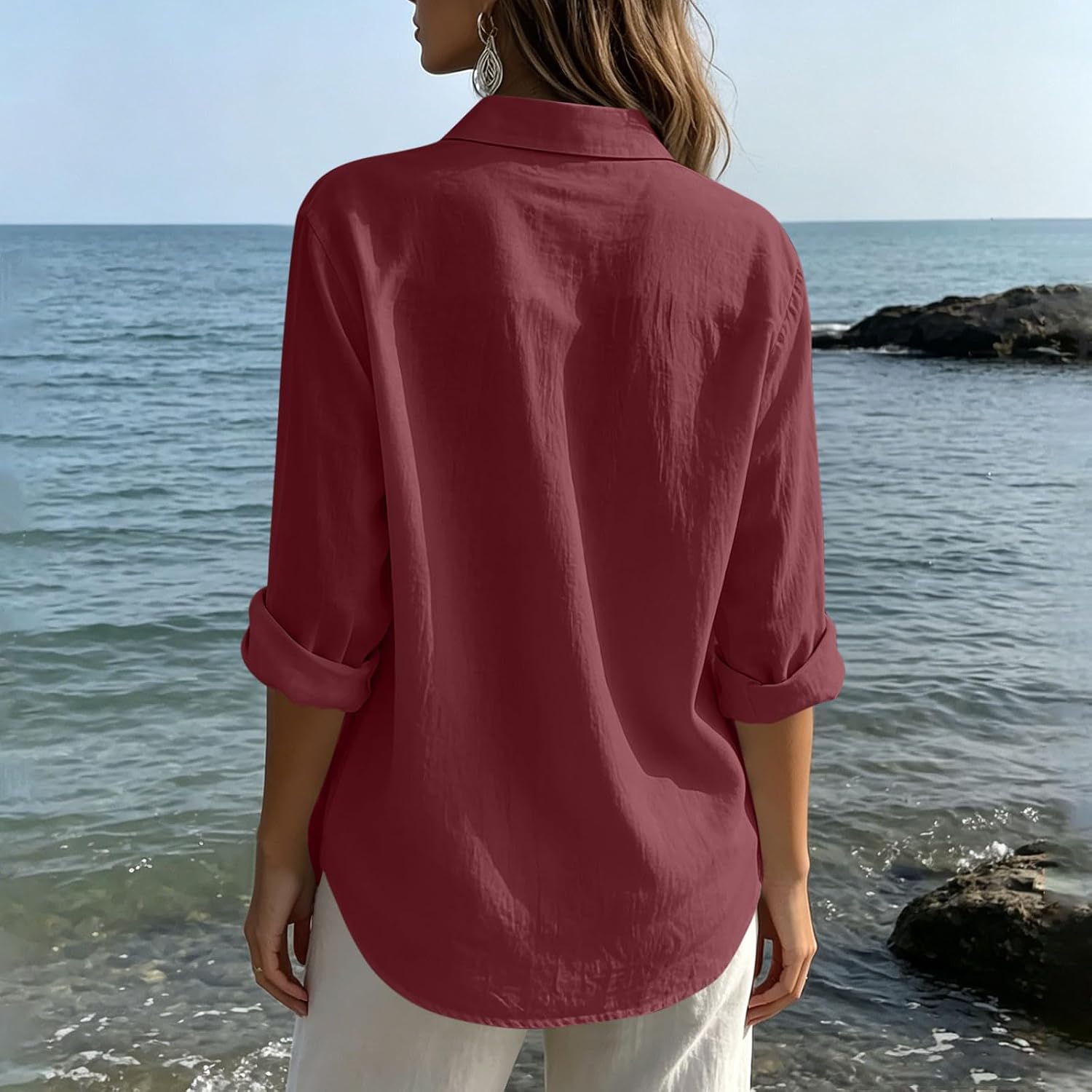 Womens Button Down Dress Shirts Fall Cotton Linen Textured Shirt Jacket Long Sleeve Collared Work Tops with Pocket
