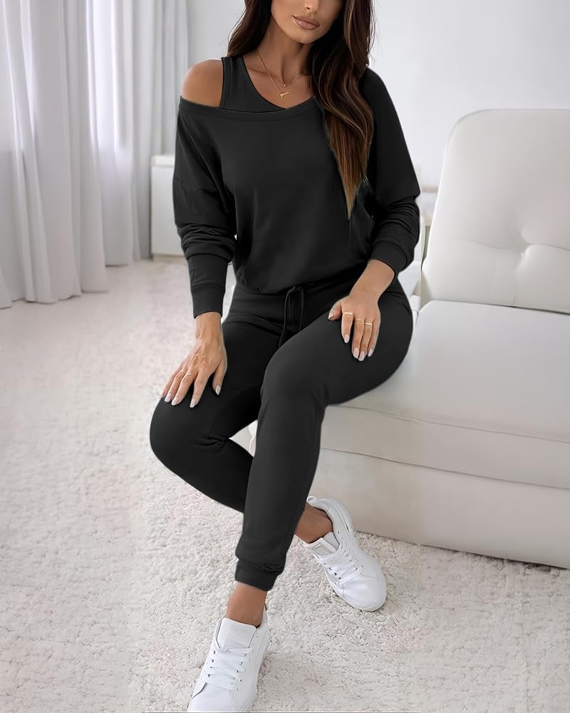 Women's 3 Piece Sweatsuit Ribbed Lounge Set Black