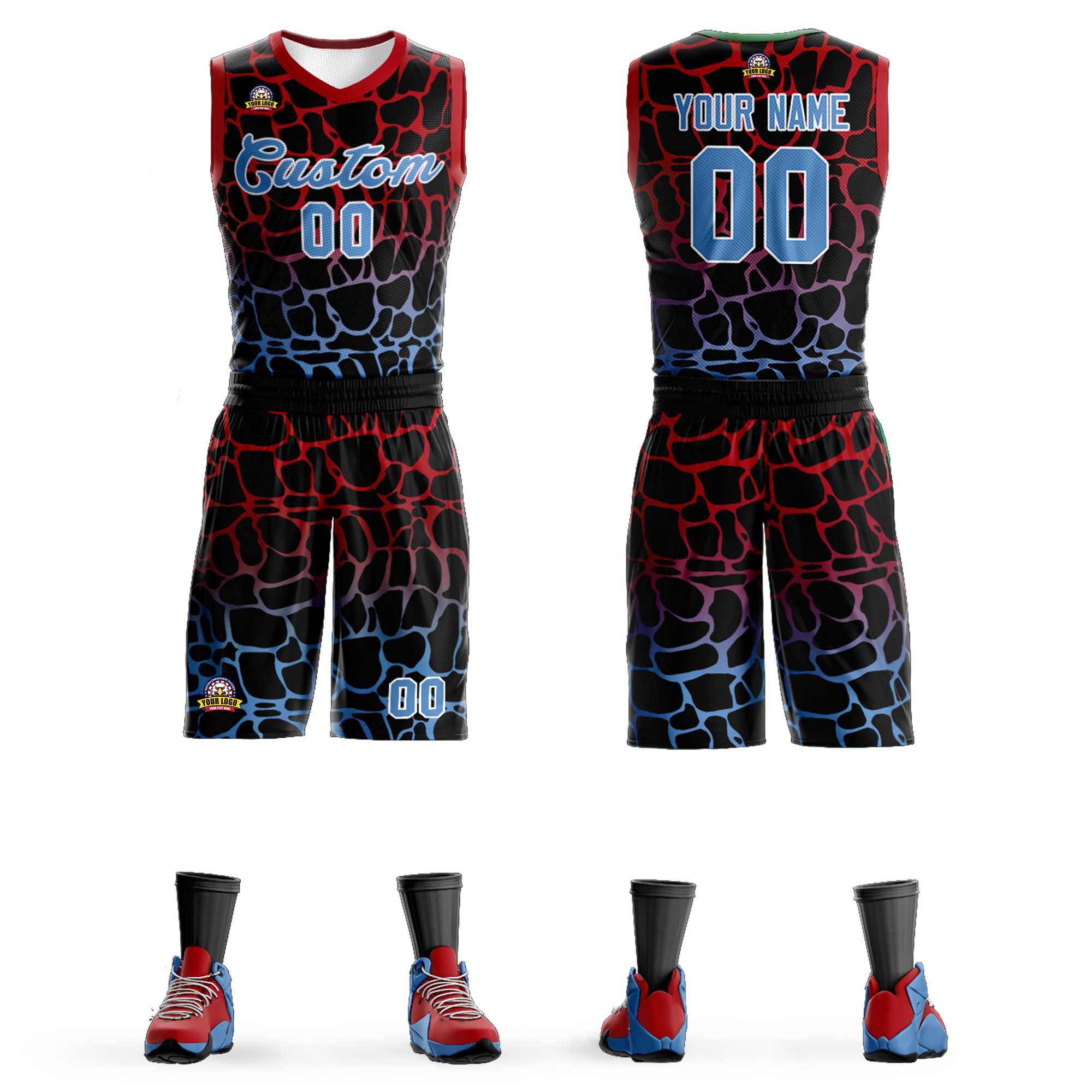Kundenspezifisches Sportuniform-Basketballtrikot mit schwarzem, rot-pulverblauem, gepunktetem Graffiti-Muster