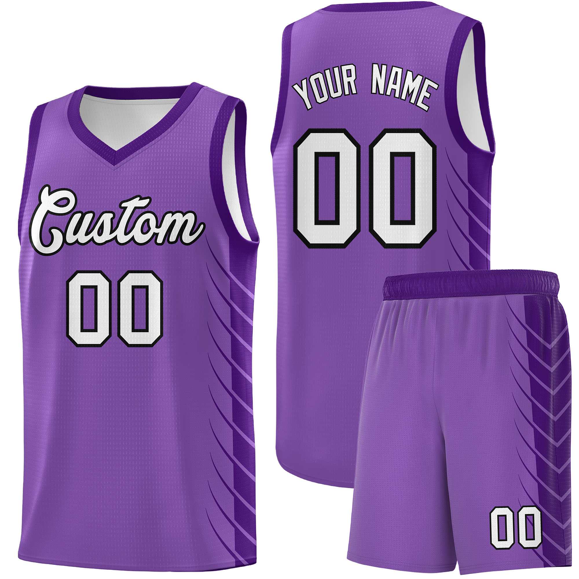Benutzerdefiniertes helllila lila personalisiertes seitliches symmetrisches Linienmuster Sportuniform-Basketballtrikot