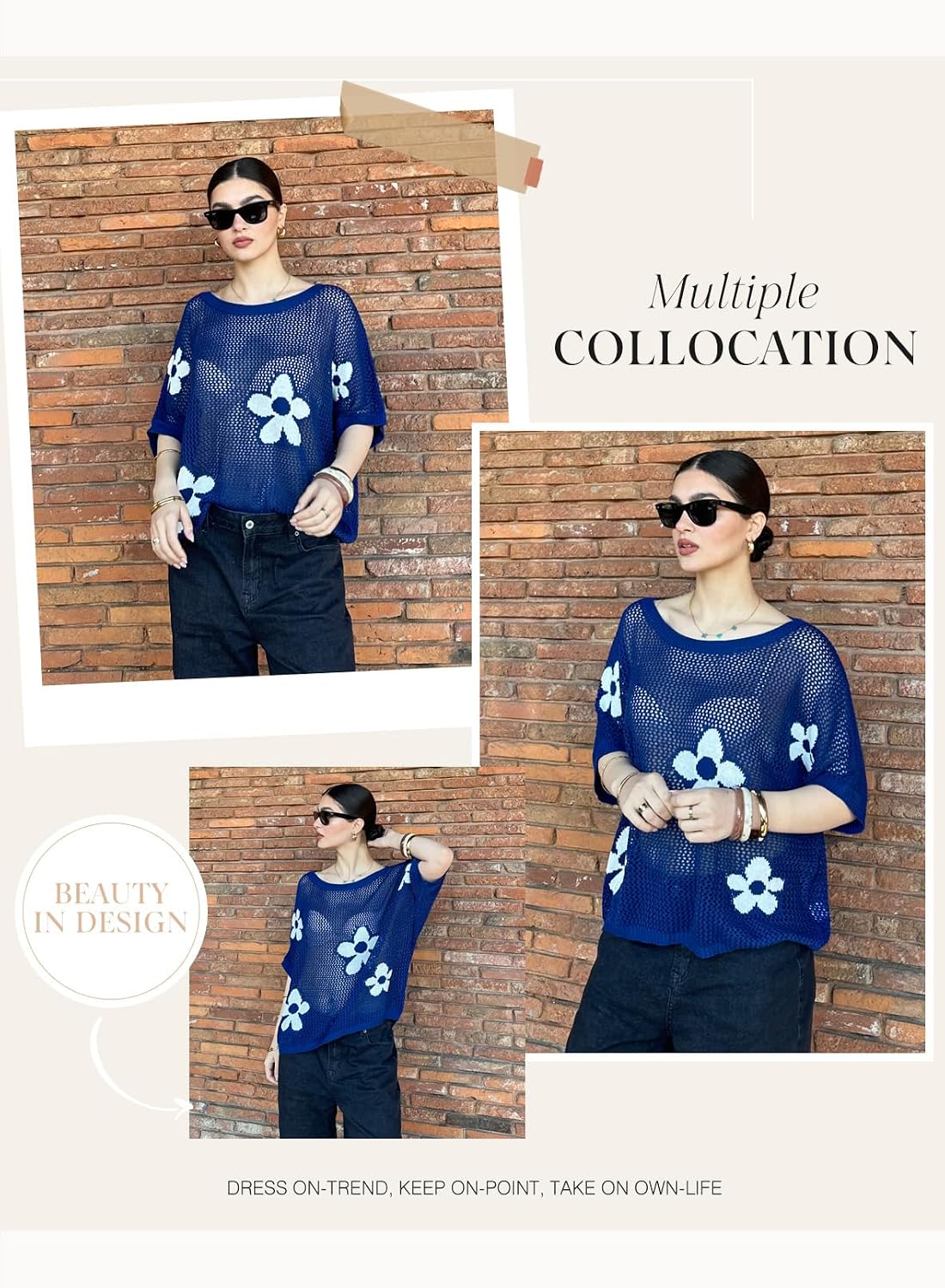 Women's Blue Floral Open Knit Pullover Sweater Women's Blue Floral Open Knit Pullover Sweater