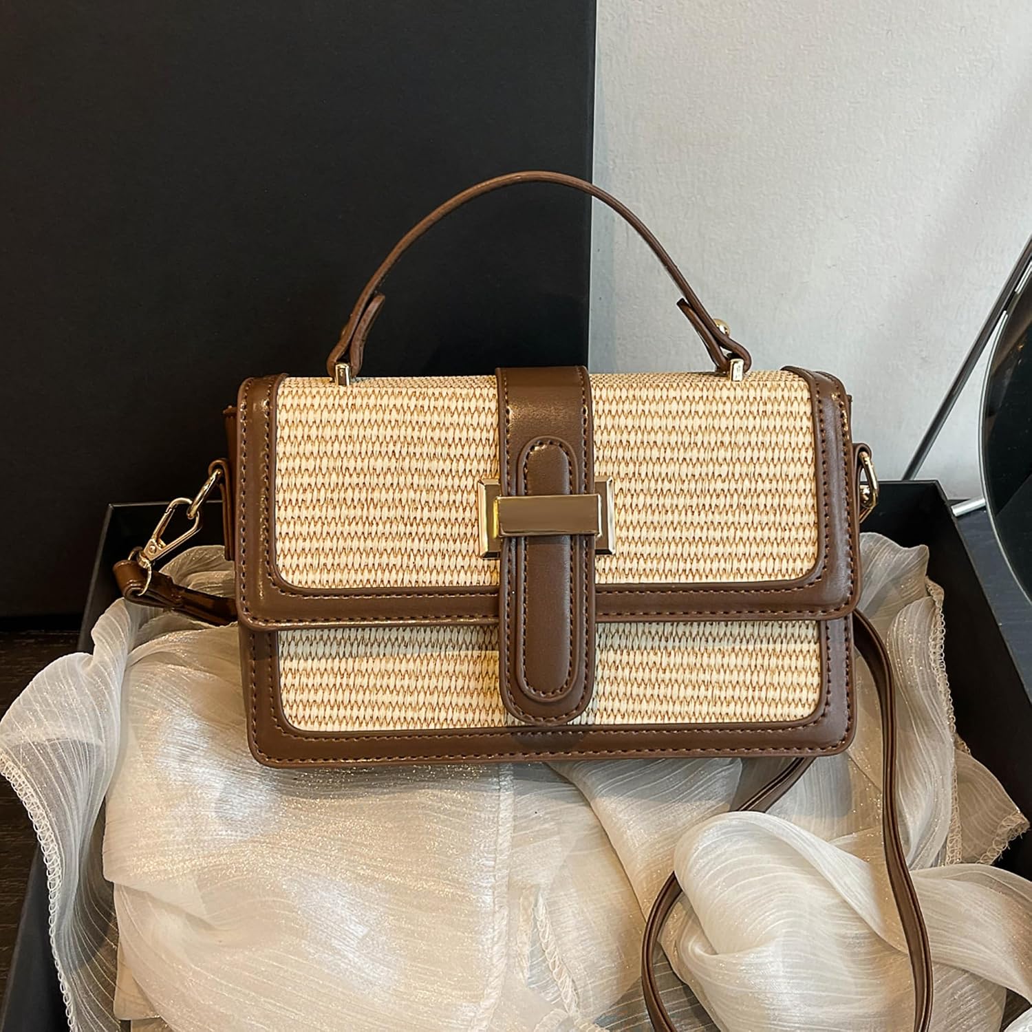 Women's Straw Woven Crossbody Bag with Top Handle Brown
