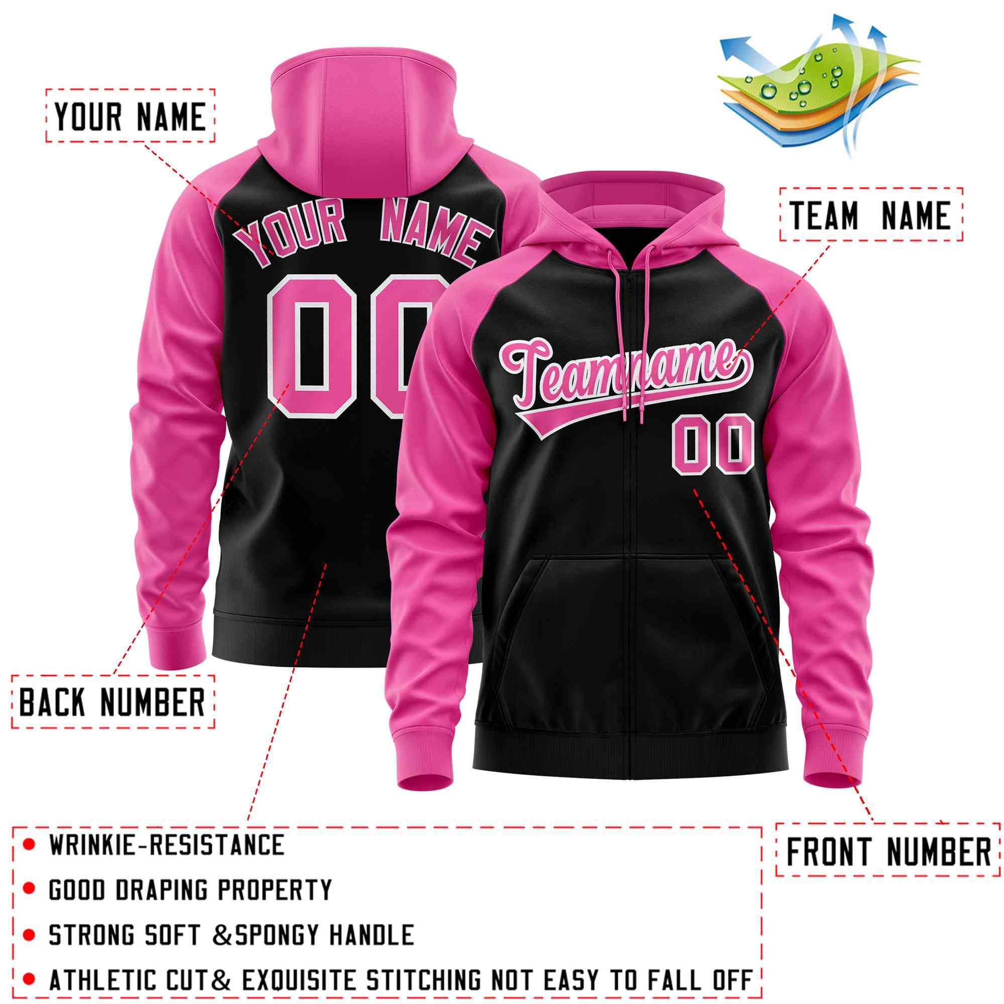 Individuell genähter Sport-Sweatshirt-Hoodie mit Raglanärmeln in Schwarz und Rosa