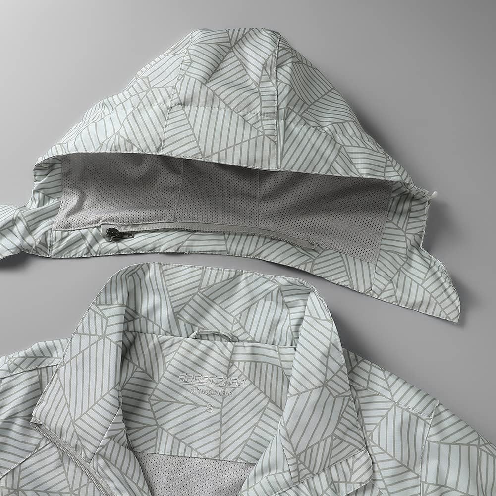 Women's Packable Hooded Rain Jacket Grey Geometric Print