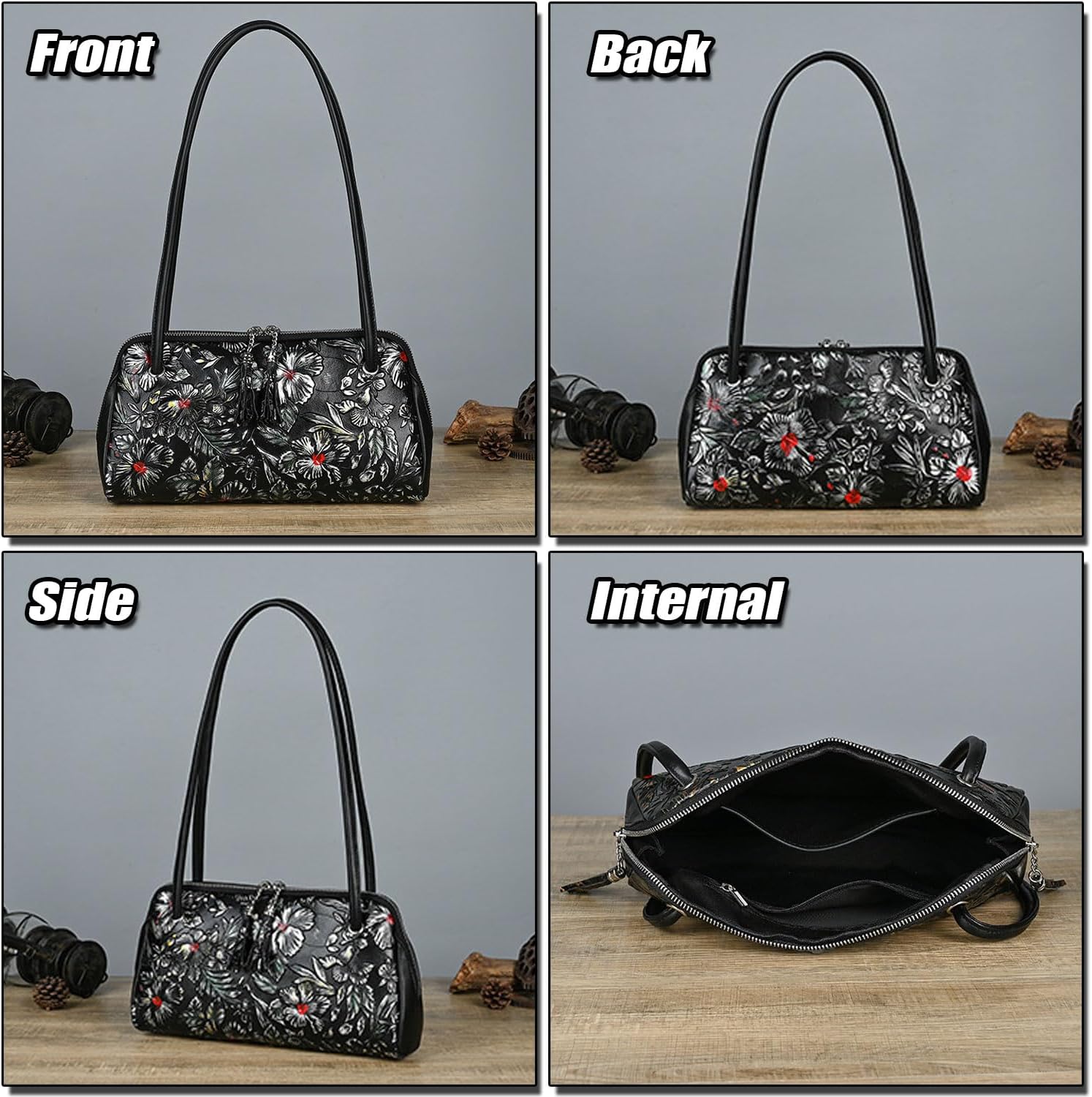 Women's Floral Tooled Cowhide Shoulder Handbag Black