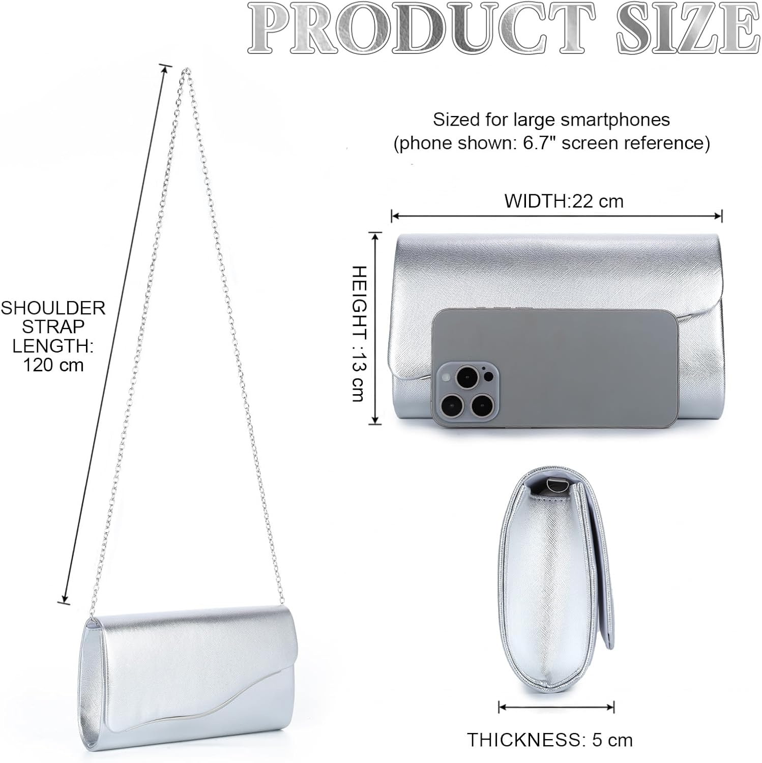 Women's Silver Envelope Clutch with Detachable Chain Strap