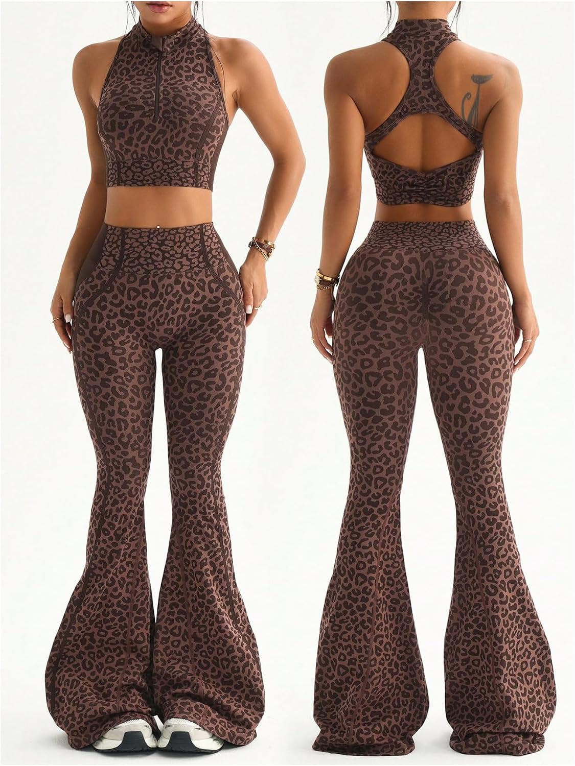 Women's Leopard Print 2 Piece Flare Leggings Workout Set