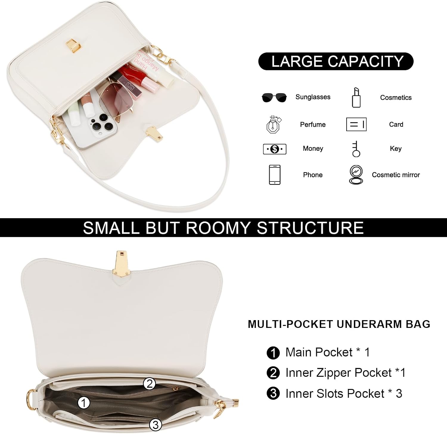 Women's White PU Flap Shoulder Bag Gold Lock