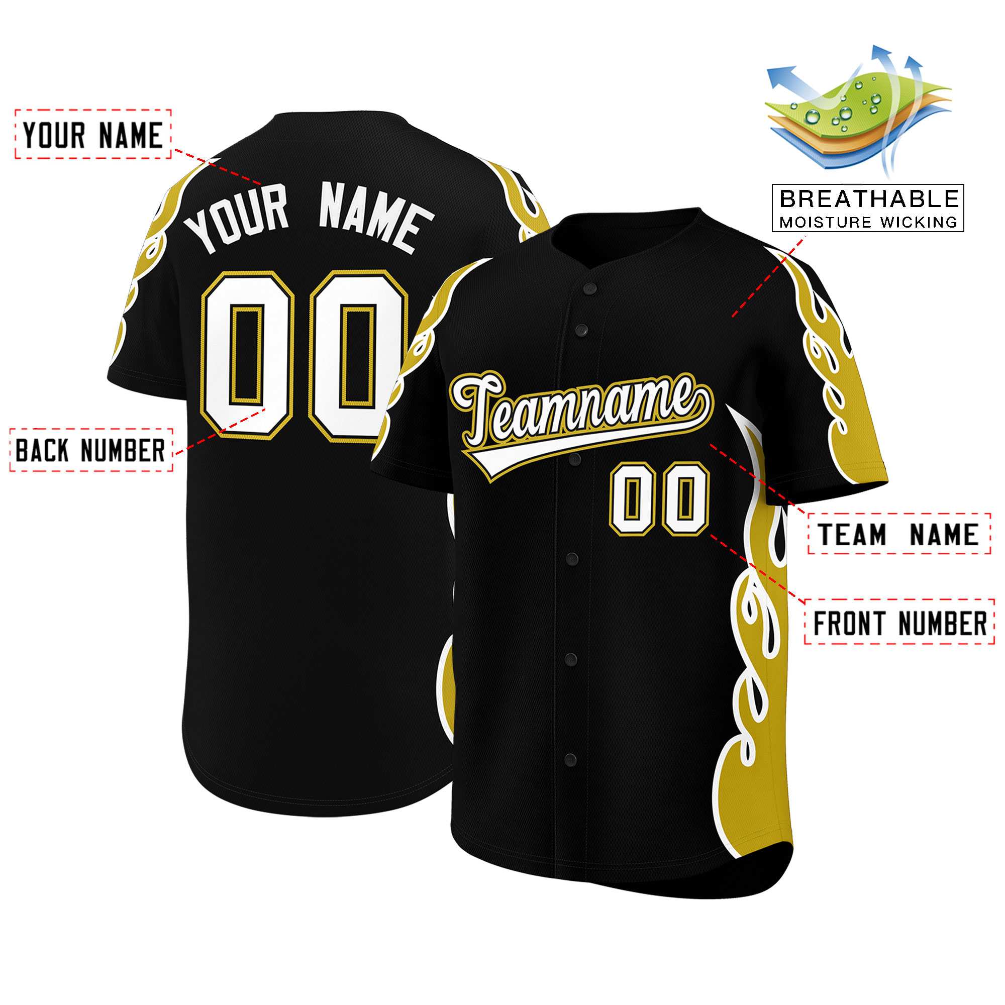 Benutzerdefiniertes Baseball-Trikot mit Seitenflammen-Umrissmuster für Sportuniformen