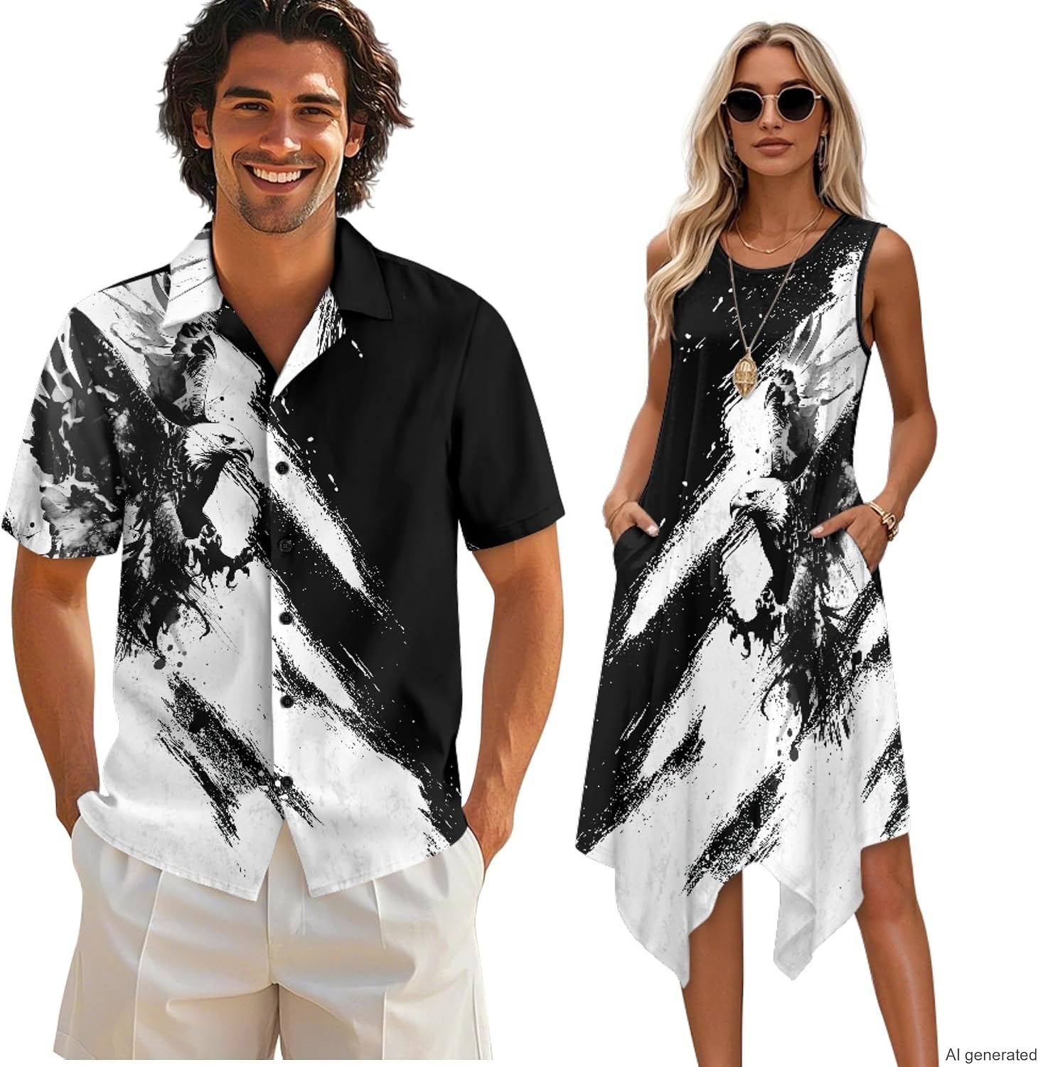 Couples Matching Eagle Print Tank Mini Dress and Shirt